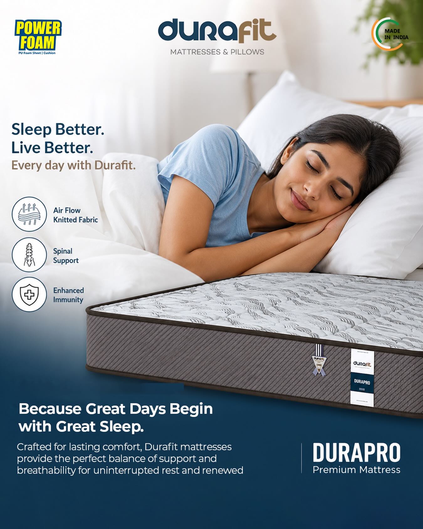 Sleep Better. Live Better. ✨
Because great days begin with great sleep. Experience unmatched comfort with the Durafit Durapro Premium Mattress, designed with Air Flow Knitted Fabric, superior spinal support, and enhanced comfort for uninterrupted rest night after night.
Wake up refreshed, recharged, and ready to take on the day with Durafit.
#SleepBetterLiveBetter #DurafitMattresses #DuraproMattress #PremiumComfort #bettersleepbetterlife
