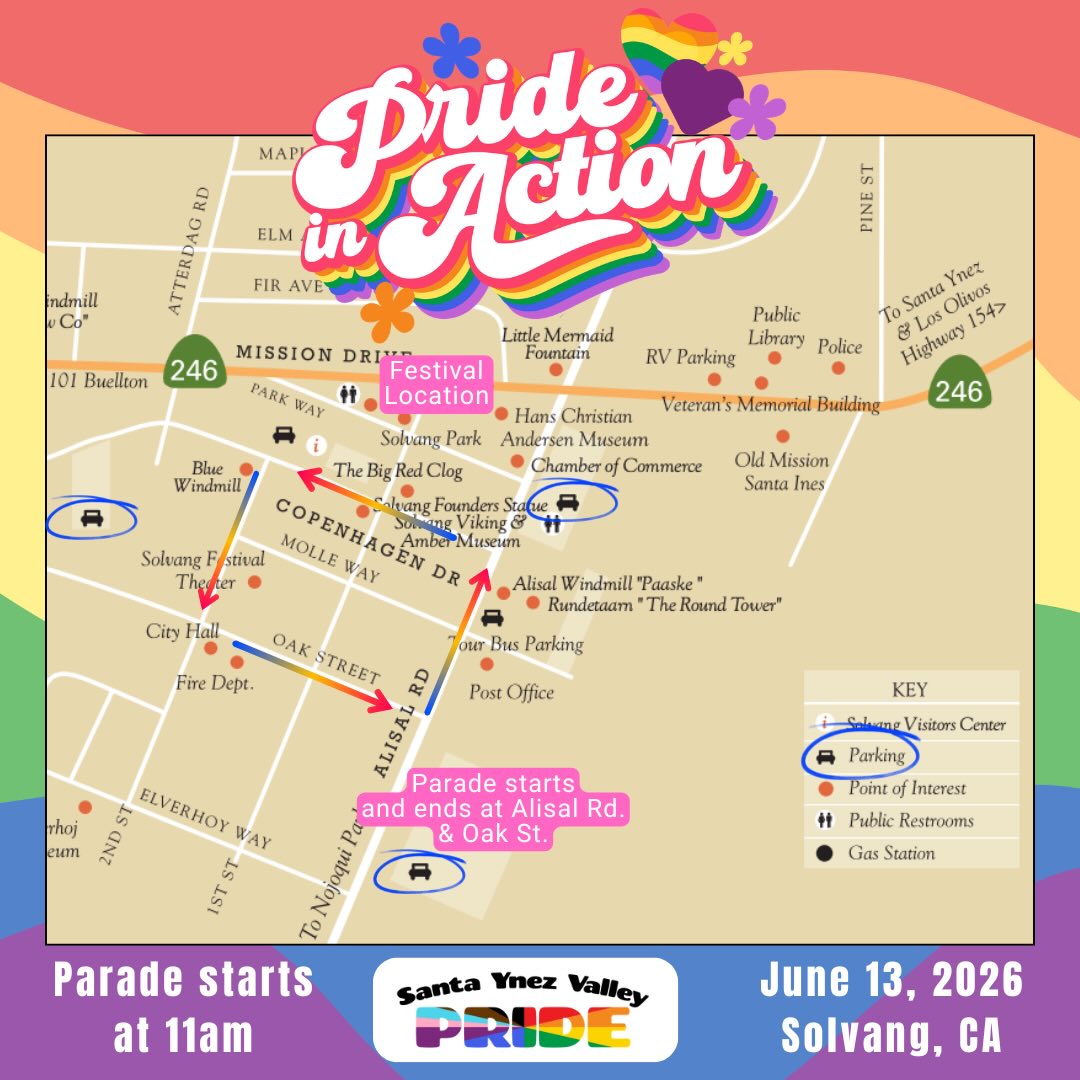 📍🌈 THE OFFICIAL PARADE ROUTE HAS DROPPED! 🌈📍
The countdown is ON! Get your rainbow gear ready and start planning your spot because the official Santa Ynez Valley Pride Parade route is here! 🎉
Join us as we start our parade down Alisal and on to Copenhagen! We can’t wait to celebrate with you and see how all of you put your Pride In Action! 🌈✨
Check out the map for the full route, parking locations, restrooms, and festival grounds.
Grab your friends, pull out your best vibes and get ready for one of the happiest days of the year in our Valley 🧡
See you this Saturday, June 13th starting at 11am!