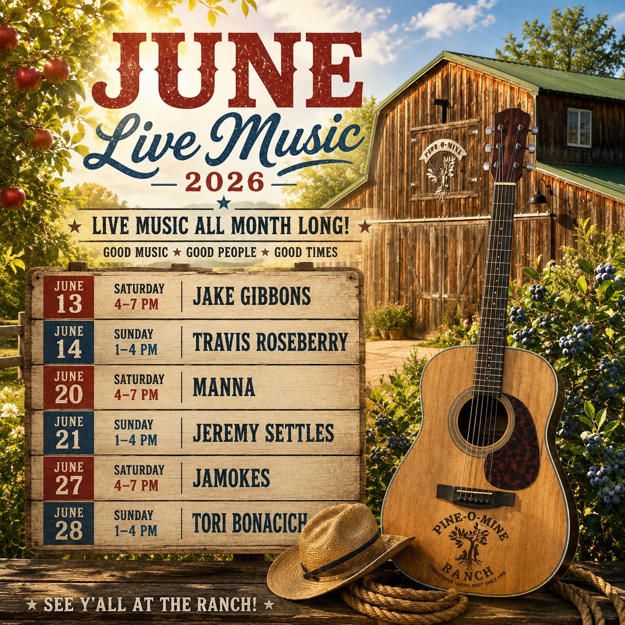 🌞🎶 June is here and the music is rolling into Pine-O-Mine Ranch! 🎶🌞
Grab a cold beer, hard cider, wine, or one of our fresh lemonades and spend the weekend on the farm with us. We’ve got live music every Saturday and Sunday, blueberry season kicking off, great food, room for the kids to run, and some of the best views in Apple Hill.
📍 Pine-O-Mine Ranch
🎸 Live Music Every Weekend in June
🍺 Beer • Hard Cider • Wine
🍋 Fresh Lemonades & Shakes
🫐 Blueberries Starting to Ripen
🌳 Family Friendly Farm Fun
Who’s coming out this month? 👇
#PineOMineRanch #AppleHill #LiveMusic #Placerville #ElDoradoCounty FamilyFun HardCider CraftBeer Blueberries SupportLocal SummerInAppleHill WeekendPlans