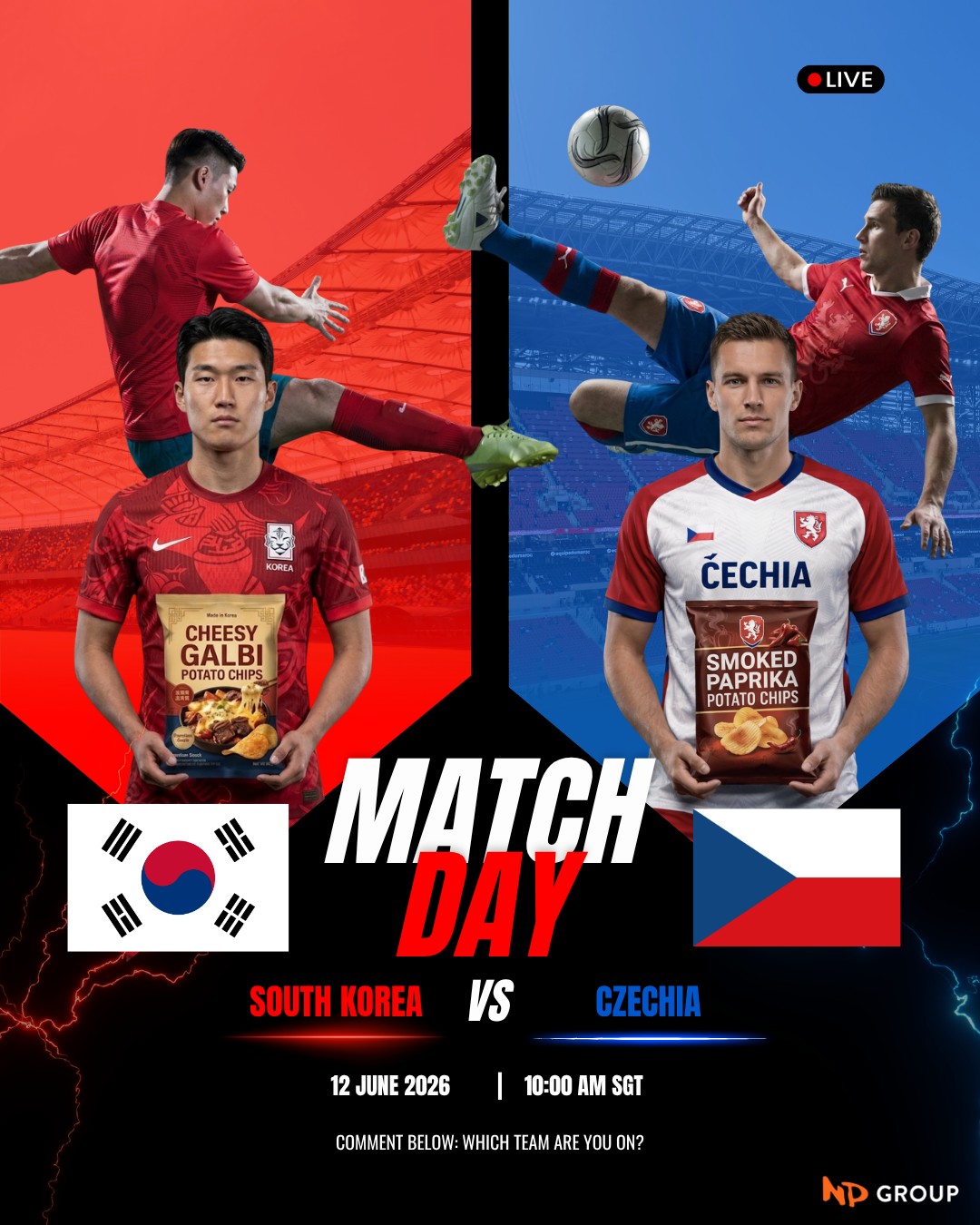 ⚽ Match Day: Korea VS Czechia! ⚽
The stadium is roaring, and the snack table is set! Today, we are serving up an absolute clash of flavours. 💥
On one side, we’ve got the savoury, rich kick of Cheesy Galbi Potato Chips representing South Korea 🇰🇷. On the other, the bold, deeply satisfying crunch of Smoked Paprika Potato Chips representing Czechia 🇨🇿.
You can only choose one bag to get you through full time. Which flavour takes the win today? 👇
Comment below: Which team are you on?
#NPFoods #FIFA2026 #B2BManufacturing #ProductDevelopment #SnackTrends