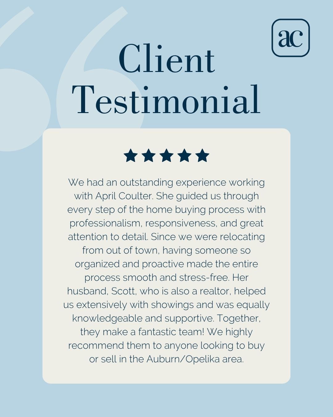 This one means a lot. 🤍
Relocating from out of town is no small undertaking, and helping buyers navigate that process with confidence and clarity is something I take seriously.
Knowing that the experience was smooth and stress-free from start to finish is exactly what we work toward with every client.
A special note: my husband Scott steps in regularly to assist with showings, and having someone I trust completely in that role makes a real difference for buyers who need flexible scheduling and consistent communication.
If you're relocating to Auburn or Opelika, buying locally, or thinking about selling, we would love to help you through every step.
📲 334.618.5190
💻 aprilcoulterrealtor.com
#testimonial #auburnrealestate #opelikarealestate #relocatingtoauburn #threesixtyrealestate #leecountyrealtors