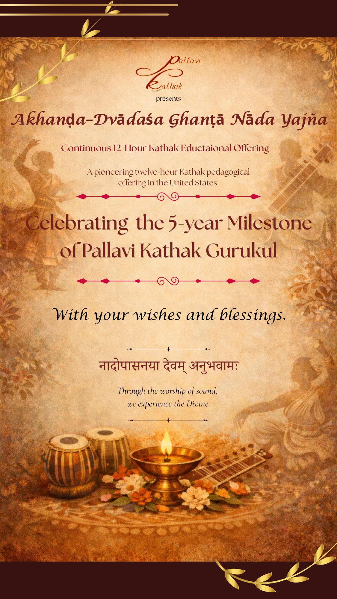 As we prepare for Akhanḍa–Dvādaśa Ghanṭā Nāda Yajña, old compositions resurface, bringing with them nostalgia, excitement, and quiet reverence. 🌸
Tai reminds us the importance of returning to our foundations as it deepens our understanding of the art and strengthens our practice.
This spirit lies at the heart of Akhanḍa–Dvādaśa Ghanṭā Nāda Yajña, a tradition inspired by the revered Pandita Shama Tai Bhate and lovingly nurtured by our Pallavi Tai, who has dedicated countless years to preserving tradition for us here in America.
As students of Pallavi Kathak Gurukul, we are grateful for the opportunity to be part of this tradition with sincerity, discipline, and devotion.
We humbly seek your blessings as we gather on Saturday, June 20, 2026, to contribute our small offering to this living tradition 🙏🏻🌸🙏🏻
#dance #akhandadwadashaghantanaadyadnya #pallavikathakgurukul #kathak #gurukul