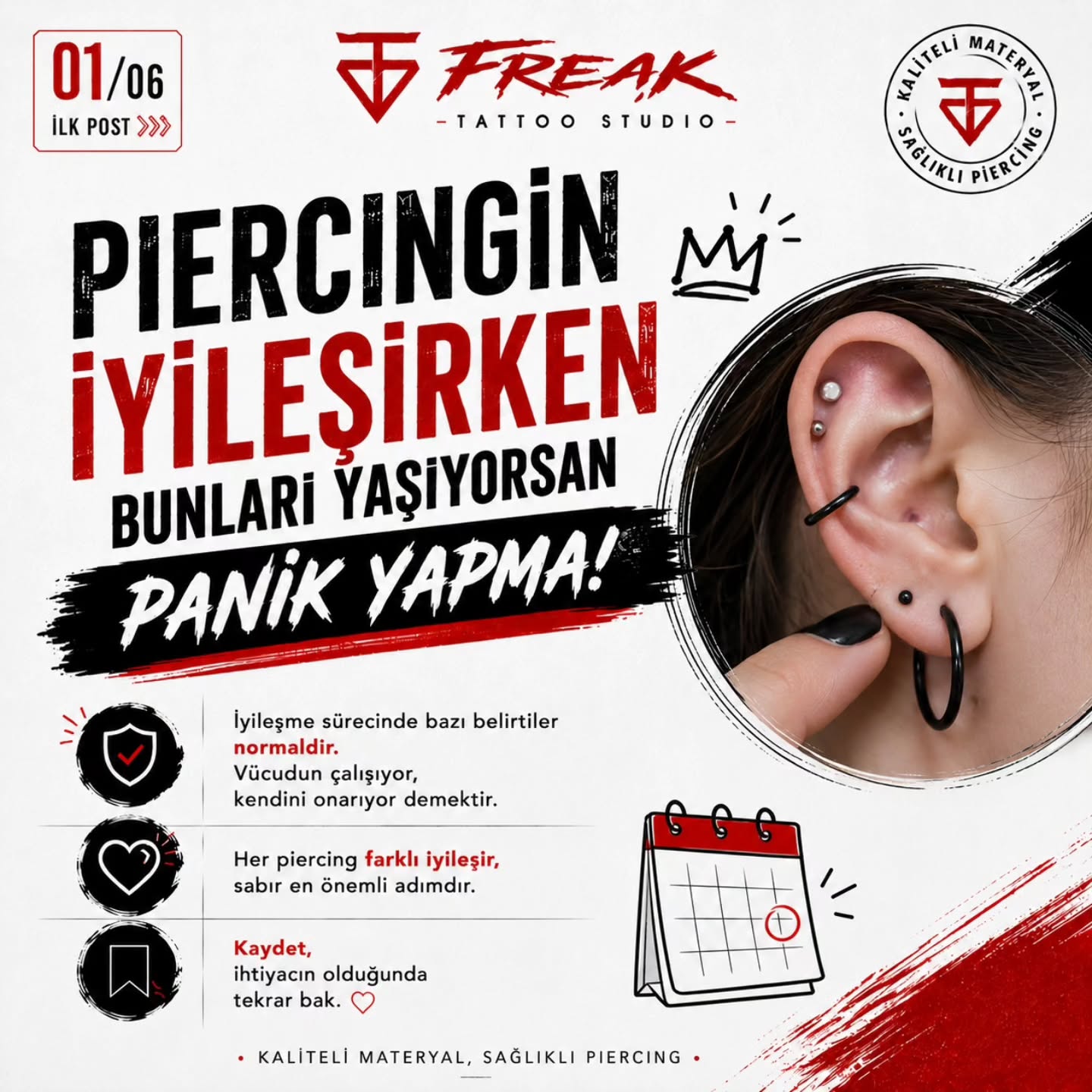 🚨 PIERCINGİN İYİLEŞİRKEN BUNLARI YAŞIYORSAN PANİK YAPMA!
Yeni piercing yaptırdıysan ve aşağıdaki belirtileri yaşıyorsan çoğu zaman endişelenmene gerek yok:
✔️ Hafif şişlik
✔️ Kızarıklık
✔️ Hassasiyet
✔️ Şeffaf veya açık sarı akıntı
✔️ Kabuklanma
✔️ İyileşme sürecinde iniş çıkışlar
Birçok kişi bu belirtileri enfeksiyon sanıyor. Oysa piercing iyileşme süreci boyunca vücut kendini onarırken bu durumlar normal olarak görülebilir.
⚠️ Ancak kötü kokulu akıntı, hızla büyüyen şişlik, şiddetli ağrı veya takının deriye gömülmesi gibi belirtiler varsa profesyonel destek almalısın.
Bu gönderiyi kaydet, piercing bakım sürecinde tekrar ihtiyacın olabilir. 💎
👇 Senin piercinginde şu an hangi belirti var? Yorumlarda yaz, birlikte değerlendirelim.
📍 Profesyonel Piercing
📍 Implant Grade Titanyum Takılar
📍 Steril ve Güvenli Uygulama
#piercing #piercingbakımı #piercingiyileşmesi #piercingturkiye #beşiktaşpiercing