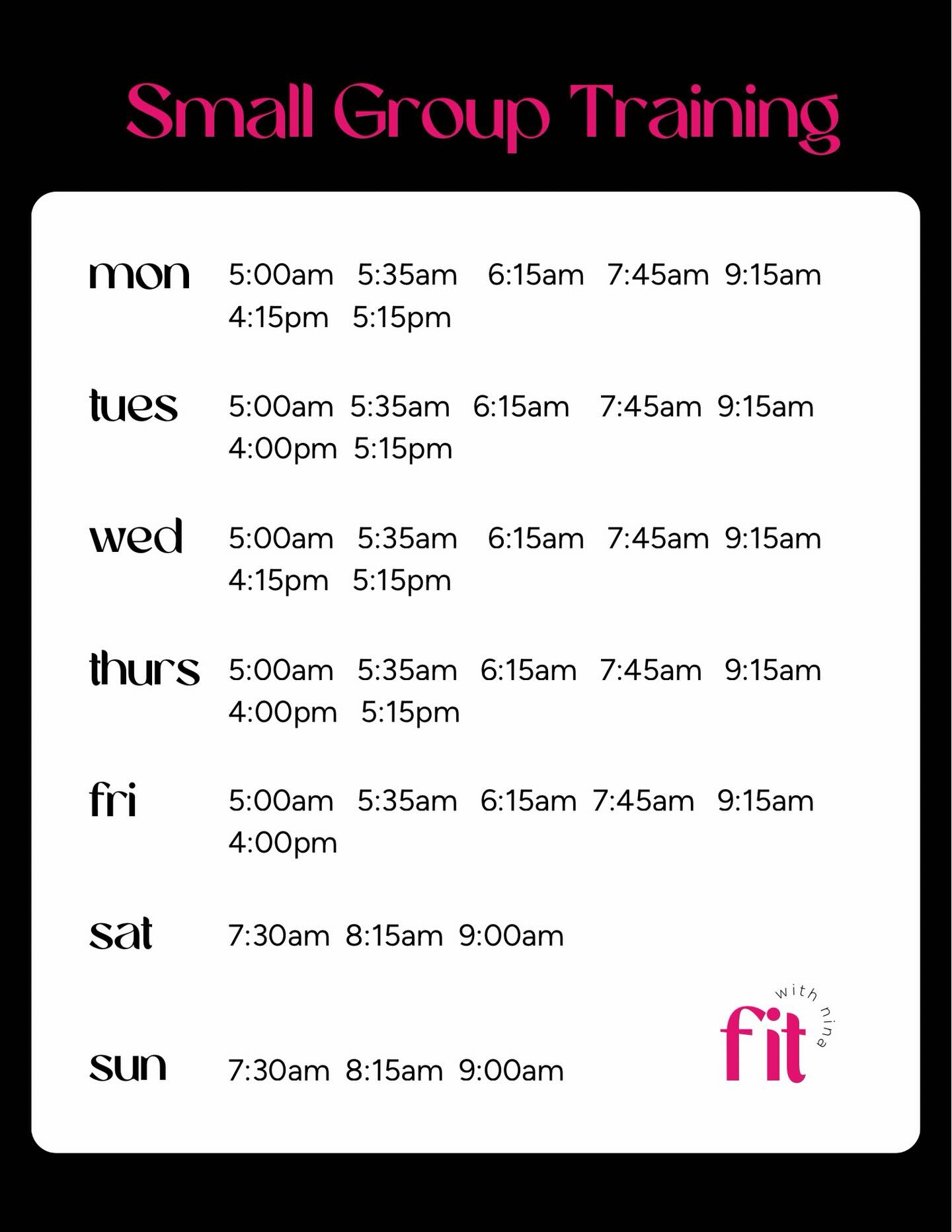 Summer Schedule: July & August 2026
Summer schedules can be unpredictable, but your workouts don’t have to be.
One of the biggest reasons our members stay consistent year-round is because our sessions are just 30 minutes. Short enough to fit into even the busiest summer days, but effective enough to help you keep building strength & energy! 💪
☀️ 40+ sessions each week
☀️ Small group coaching
☀️ Sessions can booked up to 30 days in advance or as little as 30 minutes before class
☀️ Easy scheduling through the FITwithNina app
Consistency doesn’t require hours in the gym—
it takes 30 minutes.
Strong. Healthy. Happy. All summer long. ❤️