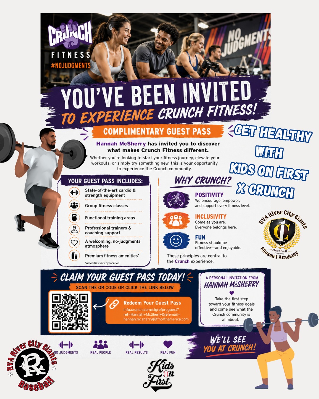 💜🏋️♂️ KIDS ON FIRST FOUNDATION x CRUNCH FITNESS 🏋️♀️💜
At Kids on First Foundation, we believe that developing great athletes starts with developing healthy habits, strong minds, and confident individuals. That's why we're excited to share an opportunity for our community to experience the benefits of fitness through our friends at Crunch Fitness.
Whether you're a parent, volunteer, athlete, coach, mentor, or someone simply looking to take the first step toward a healthier lifestyle, we invite you to take advantage of this complimentary guest pass opportunity and see what Crunch Fitness has to offer.
For our River City Giants players, Chosen 1 Academy athletes, and Kids on First families, fitness extends beyond the baseball field. Strength training, conditioning, recovery, nutrition, and overall wellness are all critical parts of athletic and personal development. This partnership helps provide access to resources that can support those goals.
We also want to recognize the incredible volunteers who make our programs possible. As a thank-you for your dedication to our youth, we encourage you to use this opportunity to invest in yourself. The best mentors are those who prioritize their own health and well-being, too.
✅ State-of-the-art equipment
✅ Group fitness classes
✅ Functional training spaces
✅ Supportive coaching environment
✅ A welcoming, no-judgment atmosphere
If you're new to Kids on First, consider this your invitation to join our community and experience one of the organizations helping support healthy lifestyles for our athletes and families.
Together, we're building stronger players, stronger families, and stronger communities.
📲 Check out the flyer for details on how to redeem your complimentary pass.
#KidsOnFirstFoundation #RiverCityGiants #Chosen1Academy #CrunchFitness #NoJudgments #YouthSports #BaseballDevelopment #CommunityStrong #AthleteDevelopment #VolunteerAppreciation #FitnessForAll #StrongerTogether #YouthLeadership #HealthAndWellness