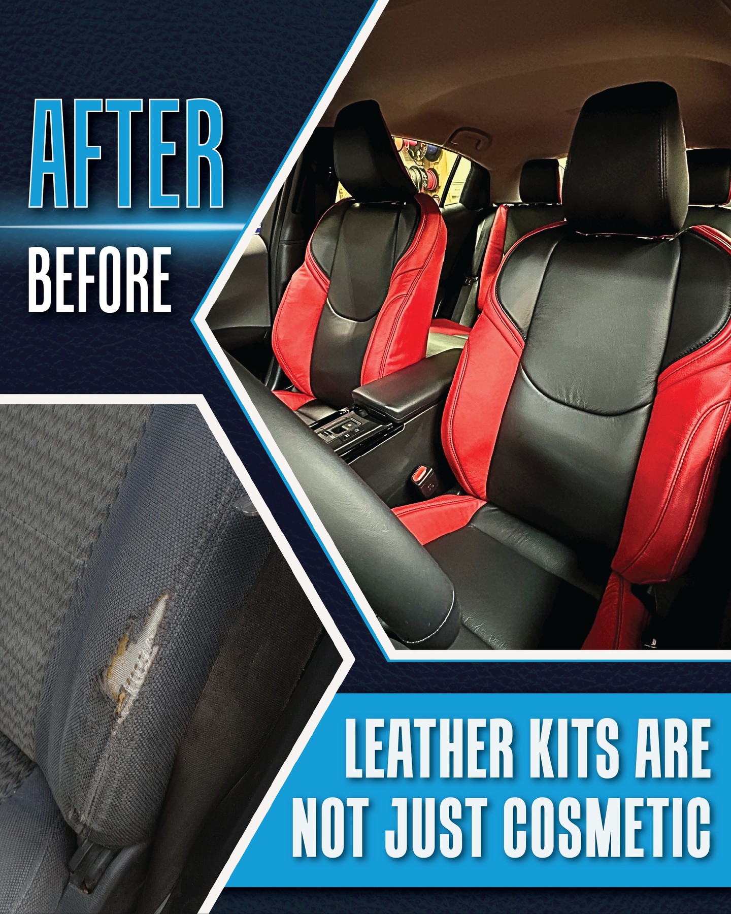 Cloth seats get worn. Stains happen. Tears show up.
A leather kit does more than change the look of your interior. It makes your seats easier to clean, more durable for everyday use, and instantly upgrades how your vehicle feels every time you get in.
It is one of the most practical upgrades you can make to your vehicle. Clean, durable, and built to last.
Thinking about upgrading your interior? Let’s talk. (217) 971-1658