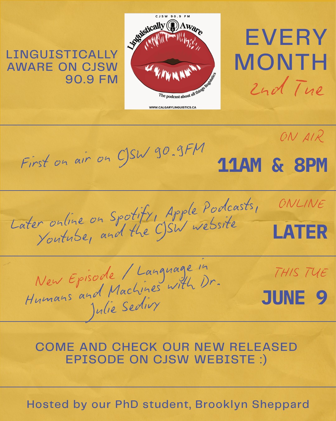 Hey guys! Don't forget we also have a Podcast :)
New episode Tuesday! 🎙️ Our Podcast, Linguistically Aware, sits down with Dr. Julie Sedivy to explore Language in Humans and Machines. What would it mean for machines to understand us the way we understand each other?
Also, 👂 tune in — and hear about a free public talk from Dr. Brian Dillon on the same topic at Contemporary Calgary on June 16th, 2026.