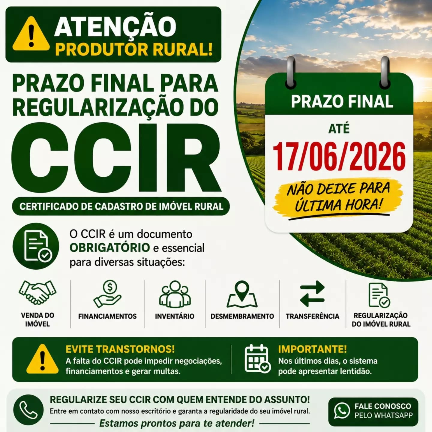 Atenção para o prazo do CCIR.
Entre em contato pelo Whatsapp (17) 99144-7271
#produtorrual #potirendaba #agronegocio #ccir