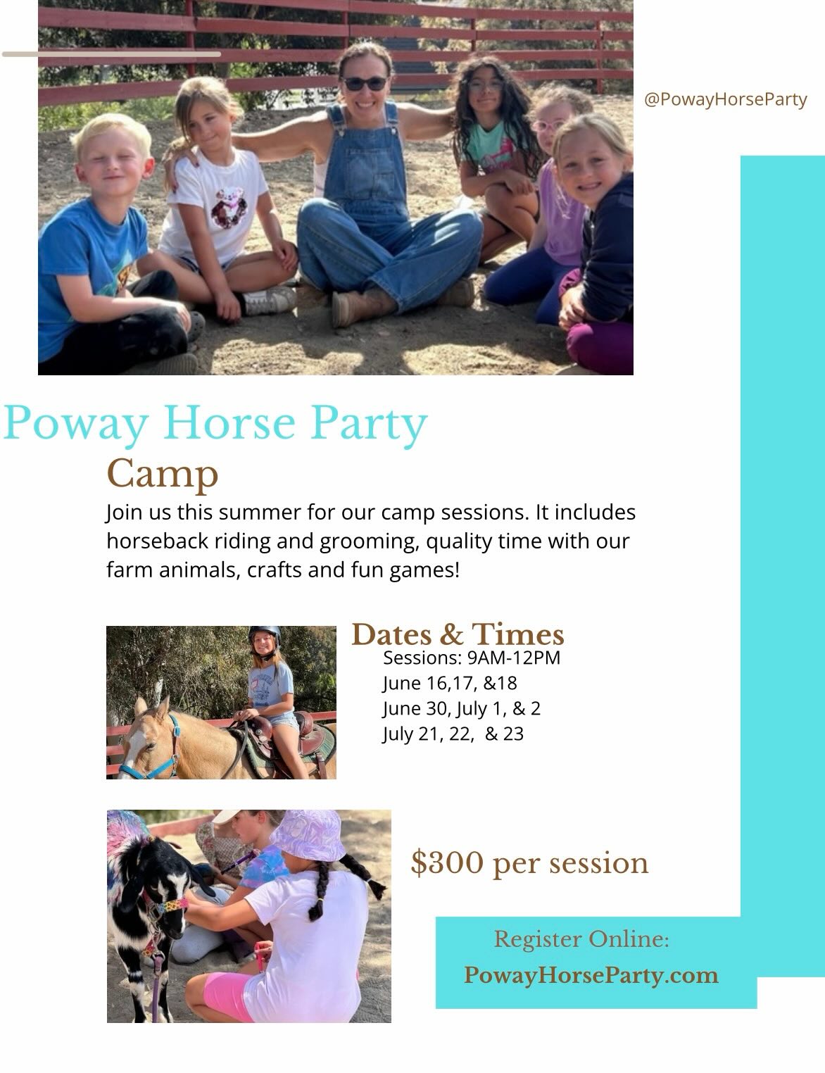 Join us for camp this summer! We only have a few spots left!
Register online: PowayHorseParty.com