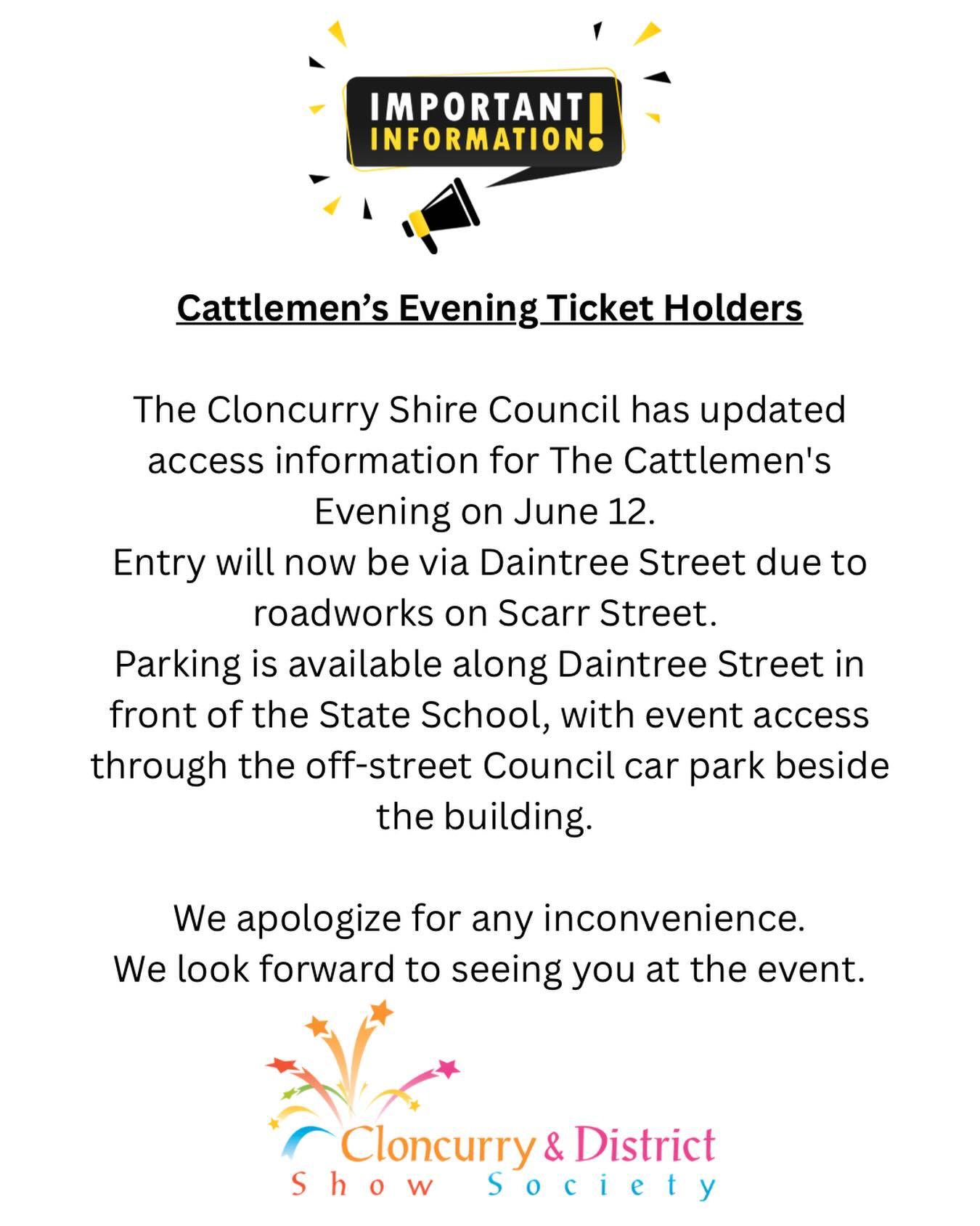 π£Important - Cattlemanβs Dinner entry via Daintree st π£
Ticket holders are to enter the Council Precinct via Daintree St on Friday 12th June
Tickets are still available, purchase from our website ποΈ