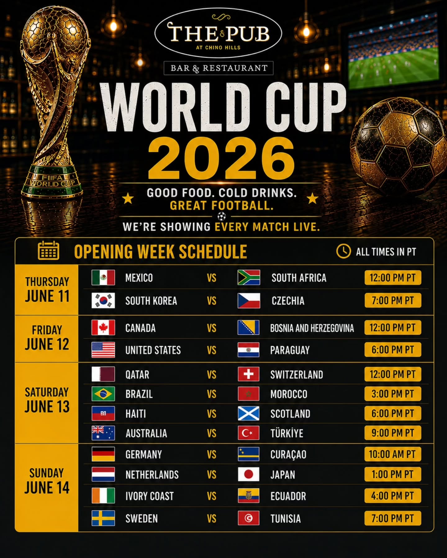 Tomorrow it all kicks off. ā½
The World Cup is finally here, and we're showing every single match live. Good food, cold drinks, and a room full of fans ā that's how the game's meant to be watched.
Check the full opening week schedule above and pick your matches. š
Grab your seat, bring your crew, and let's go. š»
#WorldCup2026 #ThePubChinoHills #ChinoHills #SportsBar #EveryMatchLive