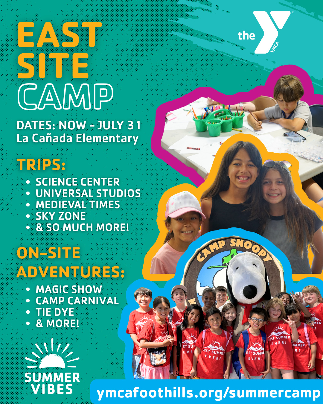 ☀️ East Site Summer Camp is here! ☀️
Join us at La Cañada Elementary for a summer packed with fun, friends, and adventure. Campers will enjoy exciting field trips to places like the Science Center, Universal Studios, Medieval Times, and Sky Zone — plus tons of on-site activities including a magic show, camp carnival, tie-dye, and more! 🎪🎨
Camp Dates: NOW– July 31
Have an unforgettable summer at the Y!
To register: ymcafoothills.org/summercamp
—
#YMCAFoothills #SummerCamp #LaCanada #CampFun #YMCAcamp