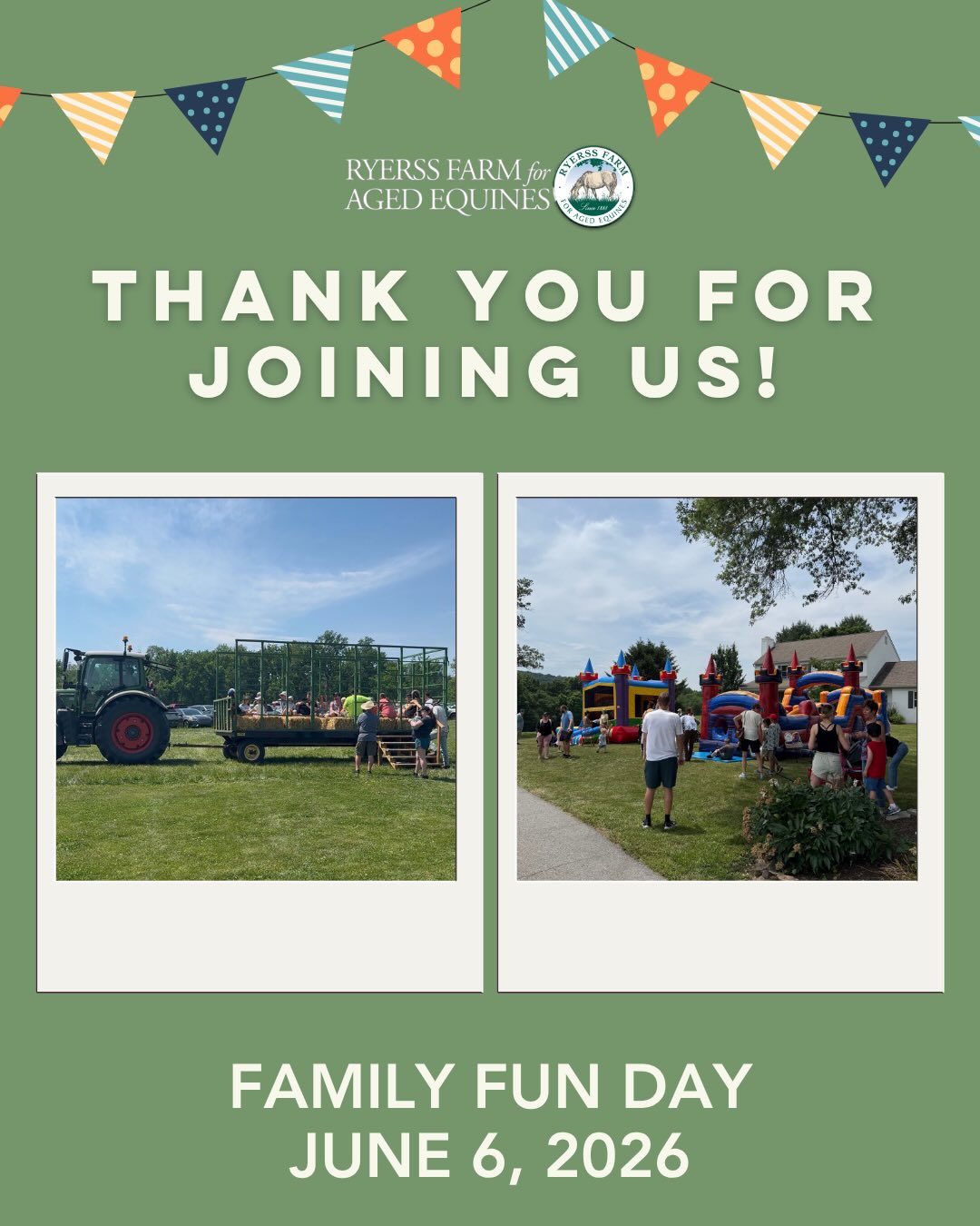 Thank you to everyone who joined us for Family Fun Day on Saturday, June 6th! 🐴🎉 The farm was filled with laughter as families enjoyed hay rides, pony rides, games, great food, and time with our residents.
This event wouldn’t have been possible without our dedicated volunteers, Board Members, and food vendors, Epicurean Garage, Petrucci’s Ice Cream & Water Ice Truck, and Buns on the Go.
If you couldn’t attend but would still like to support us, consider donating to ensure our residents enjoy a healthy retirement. Link in bio!