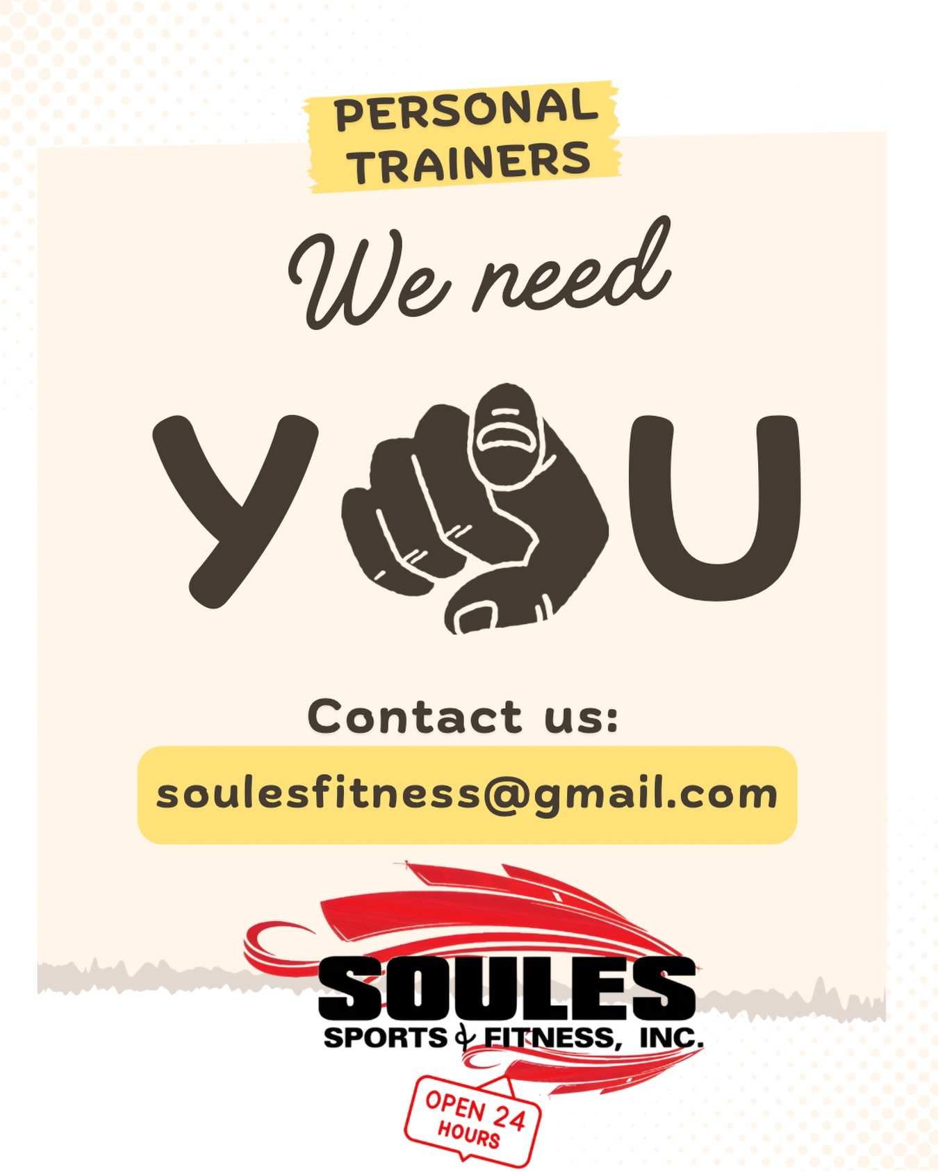 Are you a certified Personal Trainer? Soules is growing and we are hiring!
Message us on social media or email for more info!
If you know anyone, help us spread the word!