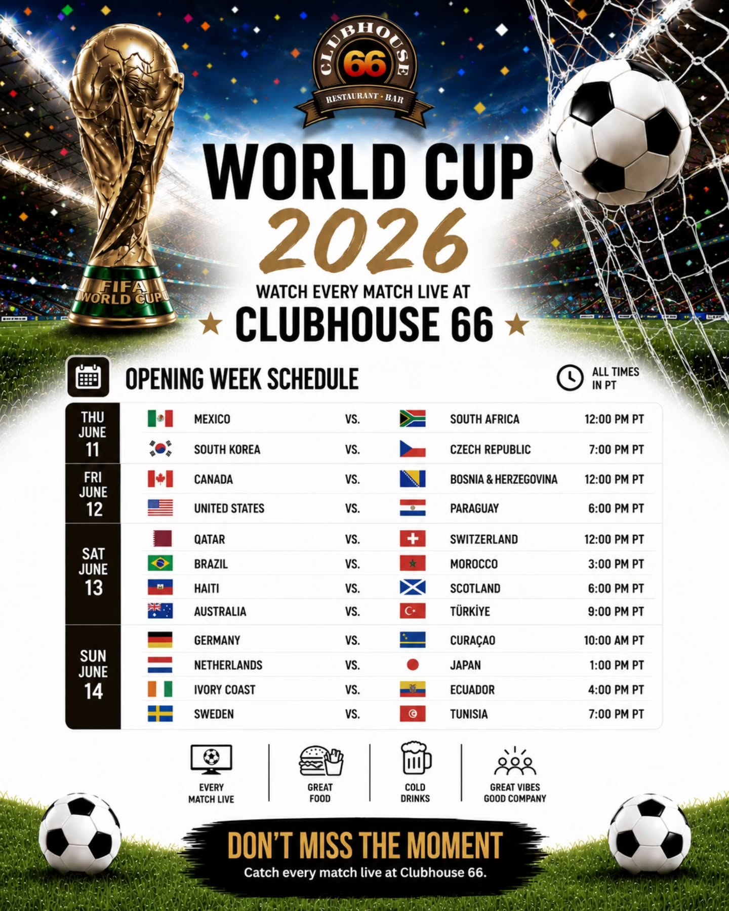 ⚽ Game on! The World Cup starts today!
Whether you're cheering for your favorite team or just here for the atmosphere, Clubhouse 66 is the place to watch the action unfold.
Great food, craft cocktails, and World Cup excitement all day long. 🍻🏆
See you at kickoff!
#Clubhouse66 #WorldCup #GlendoraEats #SoccerFans #WatchParty