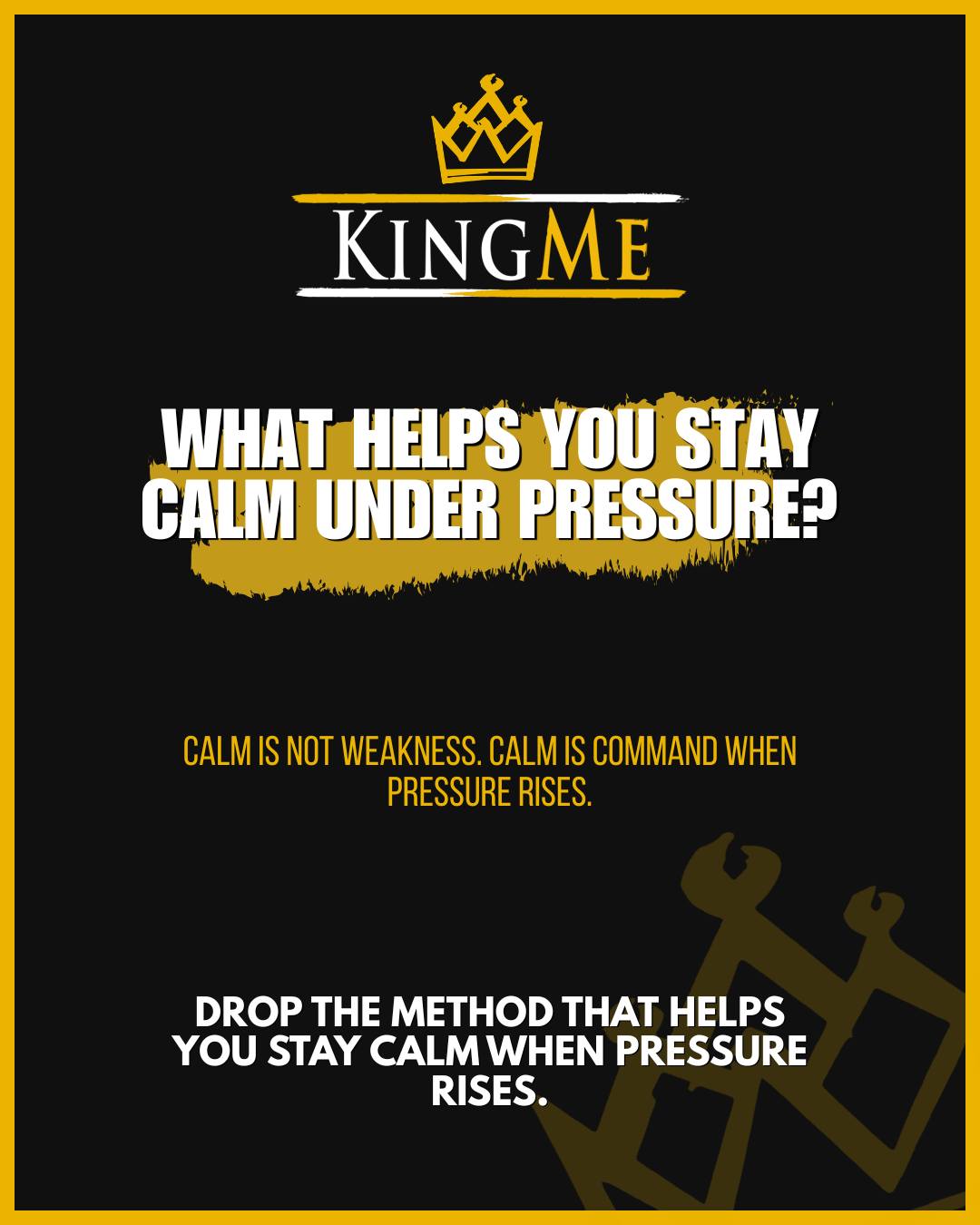 What helps you stay calm under pressure?
#KingMeBrand #KingMindset #CrownUp #LiveLikeAKing #KingsBuild #PurposeDriven #SelfMastery #MensGrowth #ModernKing #LegacyOverLikes #DisciplineWins #LeadYourLife #BuildYourKingdom #GrowthMindset #MensEmpowerment #BlackExcellence #BlackMenLead #LevelUpDaily #CharacterFirst #CrownCulture