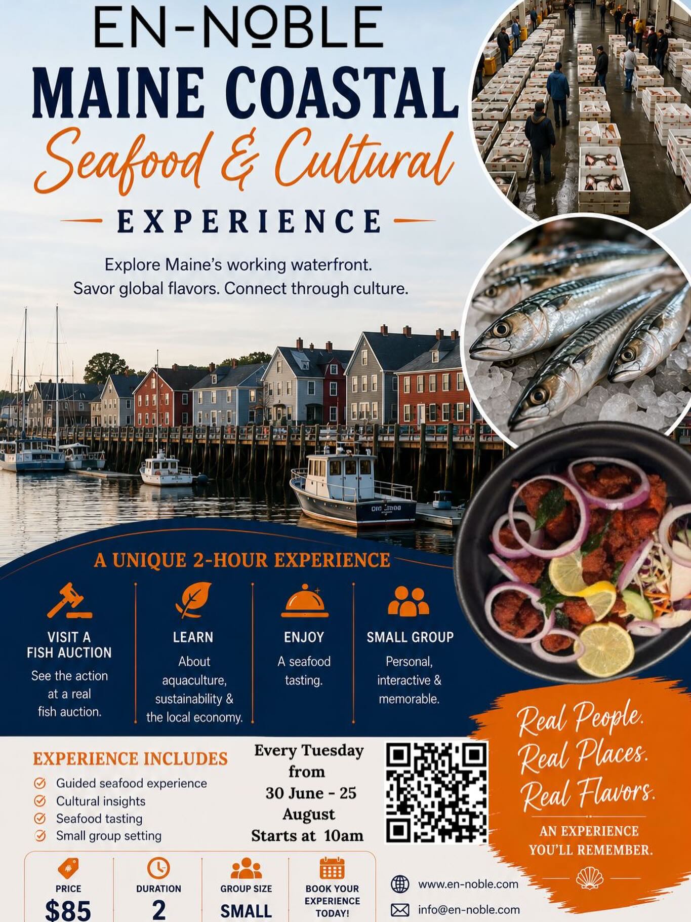 There’s a place tourists walk past every day in Portland. They don’t know what happens inside. We do.
We’ll take you there. Then to a table where the morning’s catch becomes something you’ve never had.
🌊 Maine Coastal Seafood & Cultural Experience 2 hours · small group · $85
Behind-the-scenes seafood access 📖 Cultural storytelling 🍽️ A tasting inspired by global flavors 👥 Small group, real people, real places
Spots are limited. Most go before we post.
Book → www.en-noble.com / Scan the code Or call / text: 917-569-6417