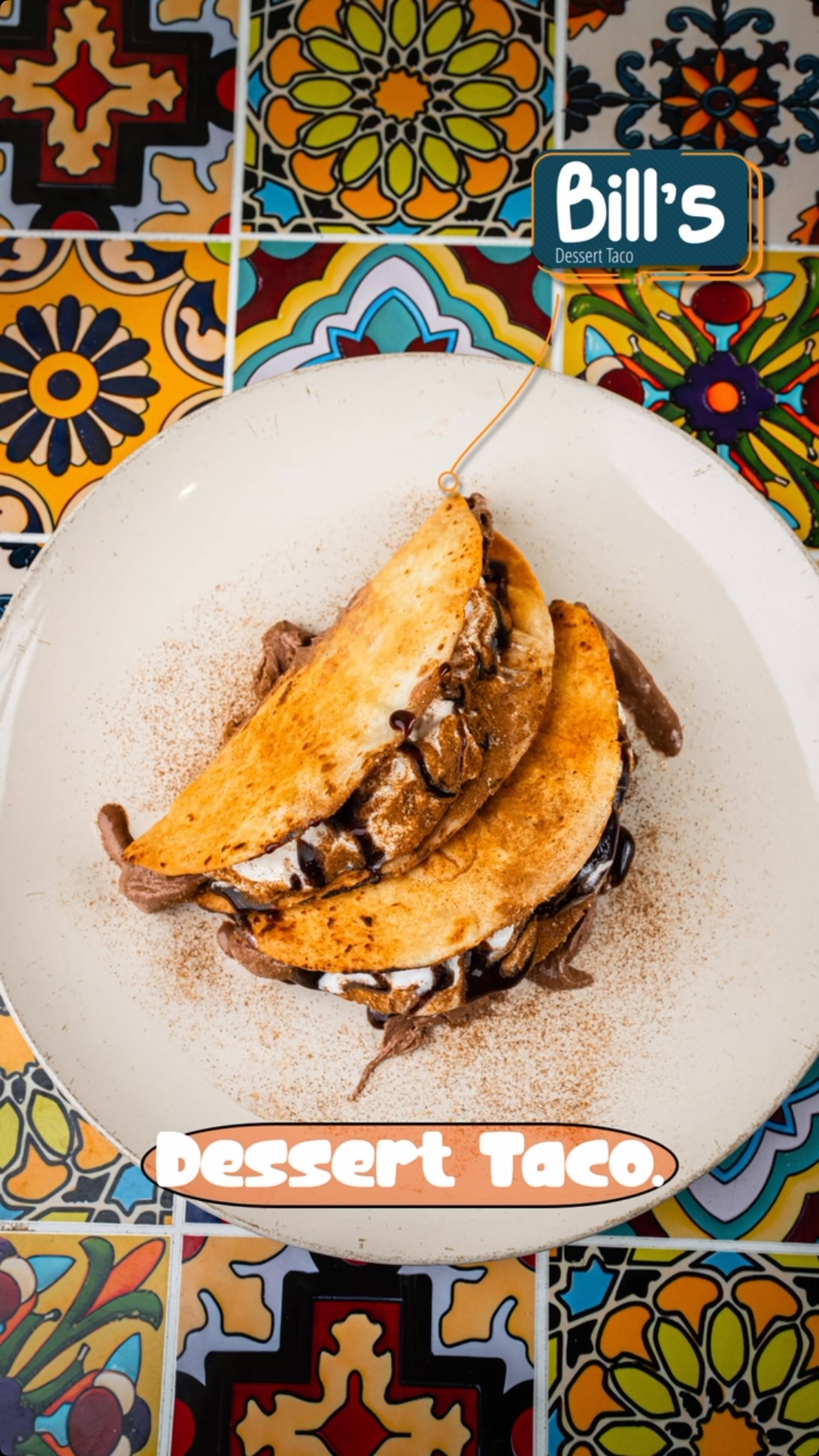 Start Today! Winter Eats Menu
1# must try 🌮
BILL’S DESSERT TACO 🌮
A sweet, crispy cinnamon sugar-coated taco shell loaded with our famous
chocolate mousse, topped with ice cream, whipped cream, and a rich
chocolate drizzle.