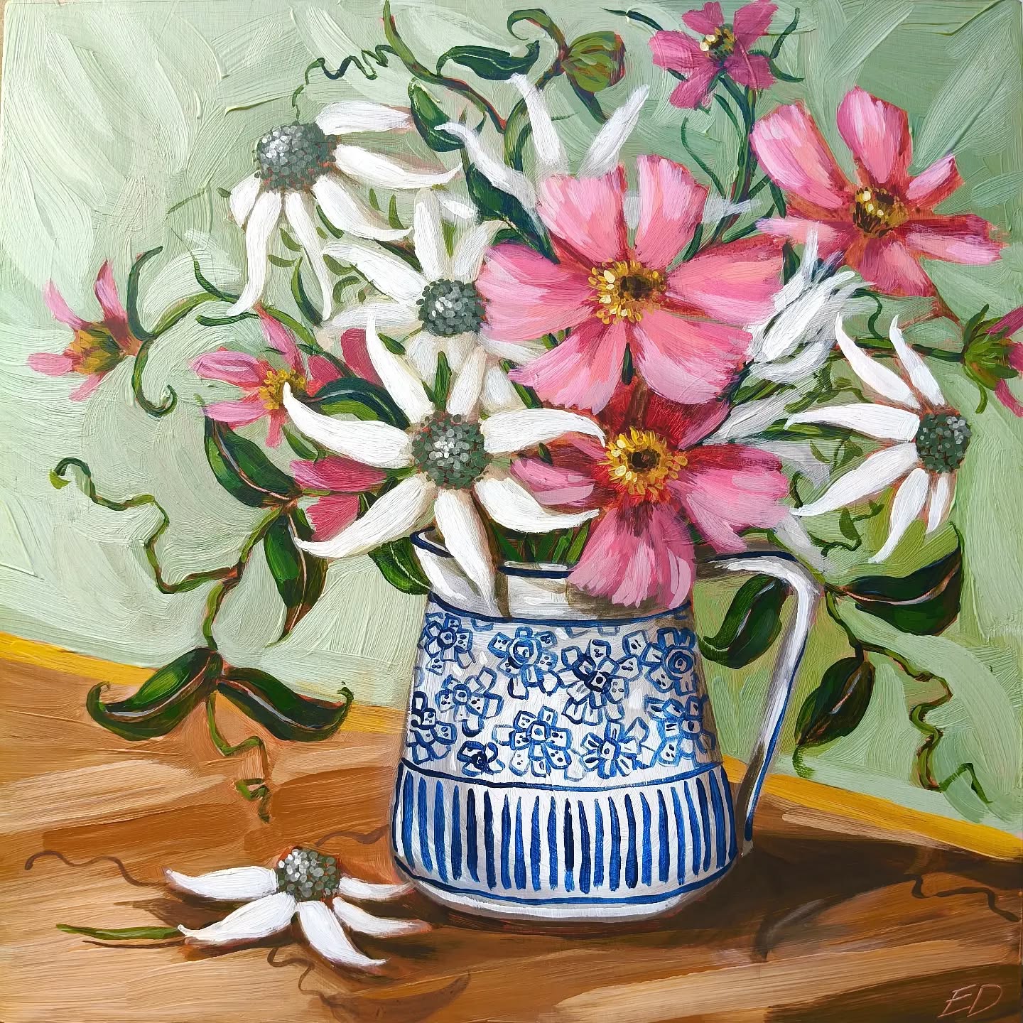 A 'design your own still life' from a few weeks ago!
Cathie already had a pink comos painting I did a few years ago, so this piece was so it had a friend to hang with.
'COSMOS & FLANNELS'
30x30cm acrylic on timber board
/sold/
My commissions are fully booked for this year, but you can still go to my website and design your own still life if you want a smaller custom painting.
You can find more information about this offering via the link in my bio
#designyourownstilllife #stilllifepainting #custompainting #floralartwork #australianartist