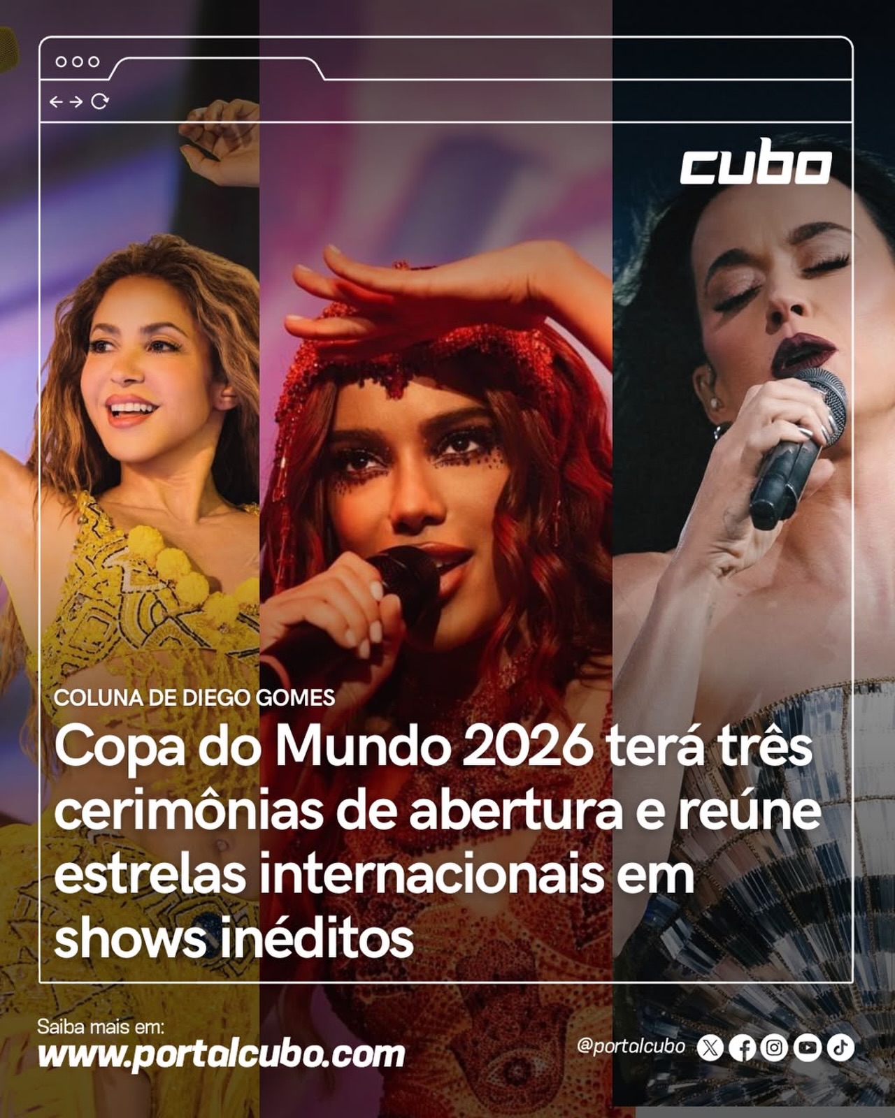 A Copa do Mundo de 2026 começa fazendo história dentro e fora dos gramados. ⚽️
Pela primeira vez realizada em três países, a competição terá três cerimônias de abertura repletas de estrelas da música mundial.
Do México aos Estados Unidos, passando pelo Canadá, nomes como Shakira, J Balvin, Michael Bublé, Alanis Morissette, Katy Perry e a brasileira Anitta comandam os shows que prometem transformar o início do Mundial em um espetáculo global.
Mais do que futebol, a Copa 2026 chega celebrando a diversidade cultural e a força da música diante de uma audiência de bilhões de pessoas ao redor do planeta.
Acompanhe no portalcubo.com!
📲 Siga @portalcubo