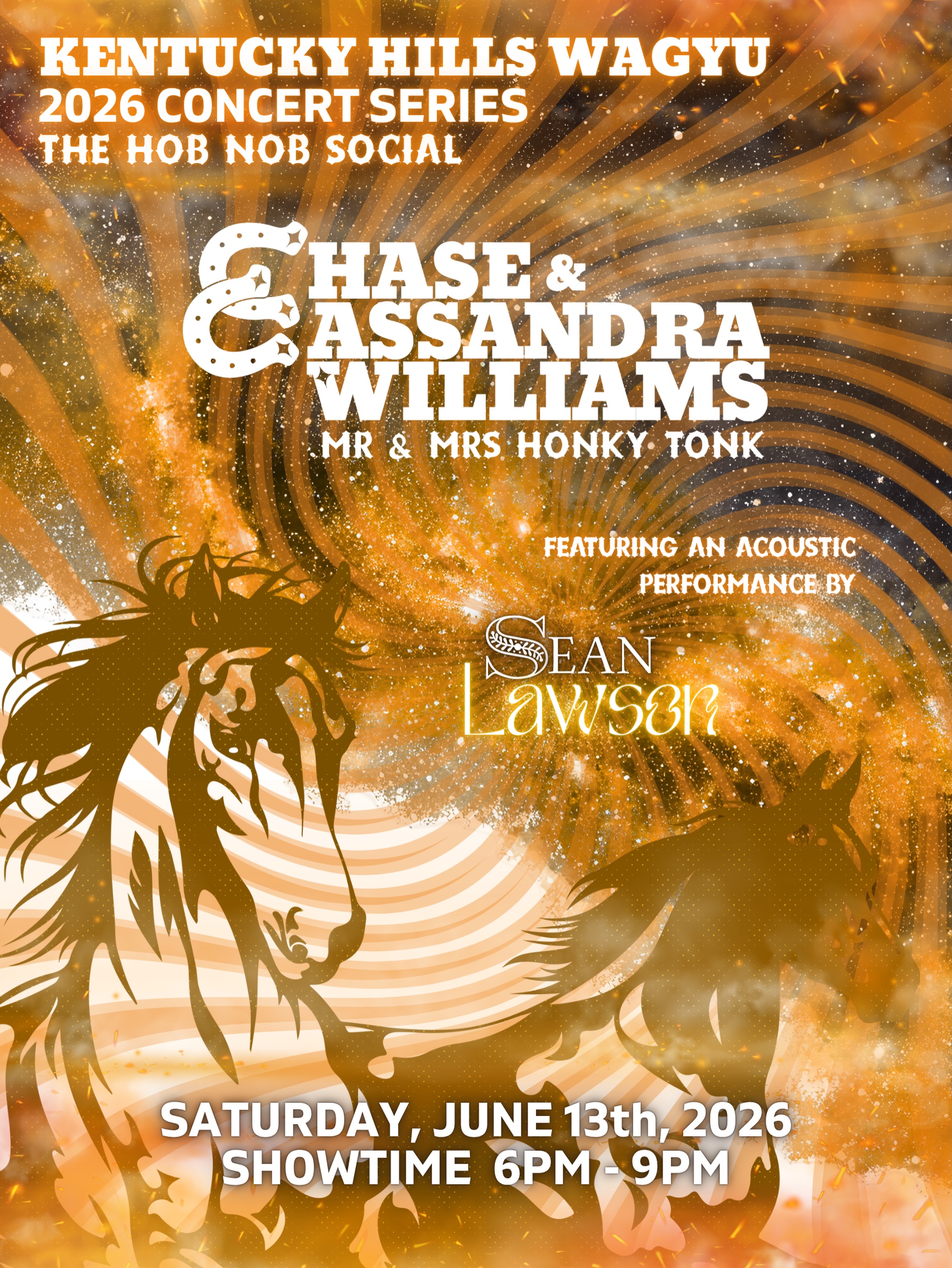 THIS SATURDAY AT KENTUCKY HILLS WAGYU CATTLE FARM 6/13/26
Chase & Cassandra Williams are making their hometown stop along their Cathartic Country Tour at The Hob Nob Social with the full band in tow! If you’ve only caught the acoustic duo, this is your chance to hear them play with a group of pickers that hail from Kentucky all the way up to Wisconsin
• Chase & Cassandra - @cc.honkytonk
Joining them on stage:
• @johnnyberrymusic – Pedal Steel
• @coleholliday72 – Guitar & Harmonica
• @rseanlaw – Bass & 12-String Guitar
Plus an acoustic opening set from Sean Lawson @rseanlaw
Come spend your Saturday at the farm with live music, Wagyu beef, burgers on the grill, ice cream, vintage western wear, vinyl records, and a Kentucky summer evening you won’t forget.
📍 Kentucky Hills Wagyu
🕚 Farm Hours: 11 AM – 10 PM
🎶 Music: 6 PM – 9 PM
🎟️ Free Admission Until 5 PM
#KentuckyHillsWagyu #TheHobNobSocial #LiveMusicKentucky #HonkyTonkCountry KentuckyEvents