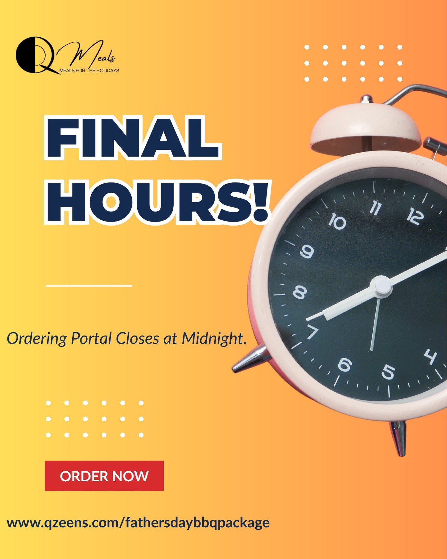 🚨 LAST CALL! 🚨
Today is the FINAL day to order your Father's Day Q-Meal.
Don't wait until it's too late!
📅 Orders close at midnight tonight.
Give Dad a meal he'll remember.
#LastChance #FathersDayMeal #QMeals #QZeens #FamilyTime