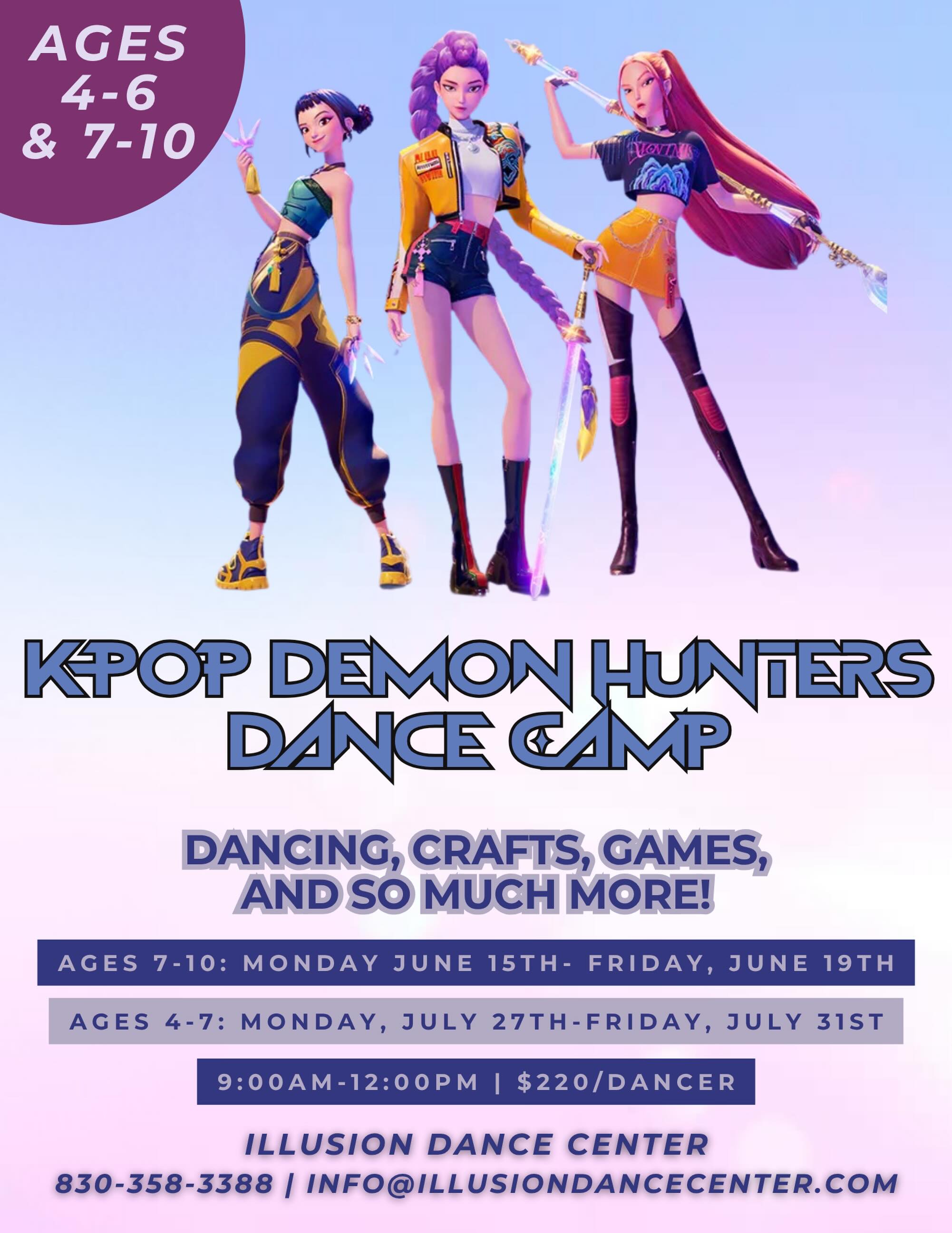 Less than a week till our first camp of the summer☀️
Unleash your inner K-Pop Star at our K-Pop Demon Hunters Dance Camp! 5 days jam packed with fun⭐️ Games, crafts, dancing, family show offs, and more!
DM us for more info!