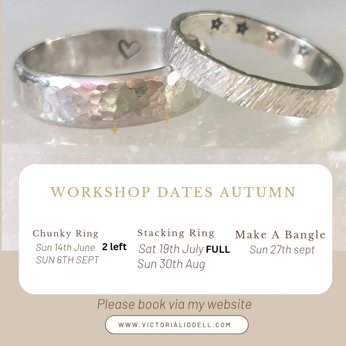 These are my summer workshops. I have 2 spaces available for this Sunday. Learn to make a chunky ring and personalise it with metal stamps. 💍