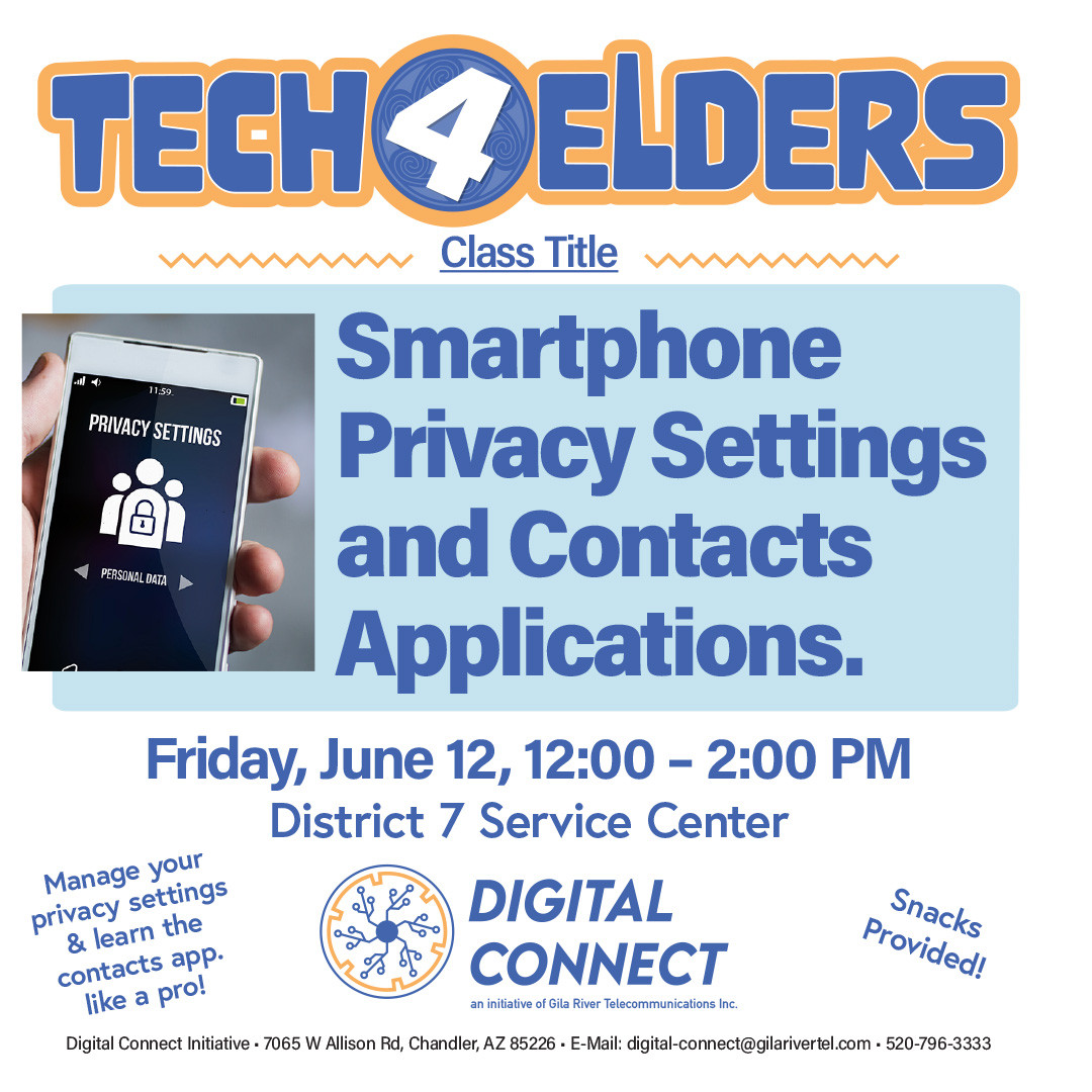 Protect your privacy and master your device! Learn how to manage app permissions, stop unwanted tracking, control access to your photos and microphone, and organize your contacts stress-free. Join us and gain the digital skills you need to stay safe and connected.
#DigitalConnect #DigitalSkills #GrowthMindset #GRIC #GilaRiver #LifelongLearner #Tech4Elders
