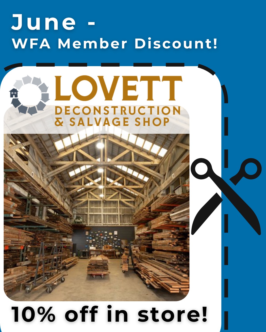 Thank you to @lovettdecon and @shoplovettsalvage for being our June WFA Member Discount Partner! We love the way that you honor the beauty and value of materials. It's always a pleasure to step into the store and see what treasures await! We'll be marking our calendars for the Made and Found Market in November. It's a great place to find handcrafted gifts! #lowwasteportland #reclaimedlumber #craftyportland