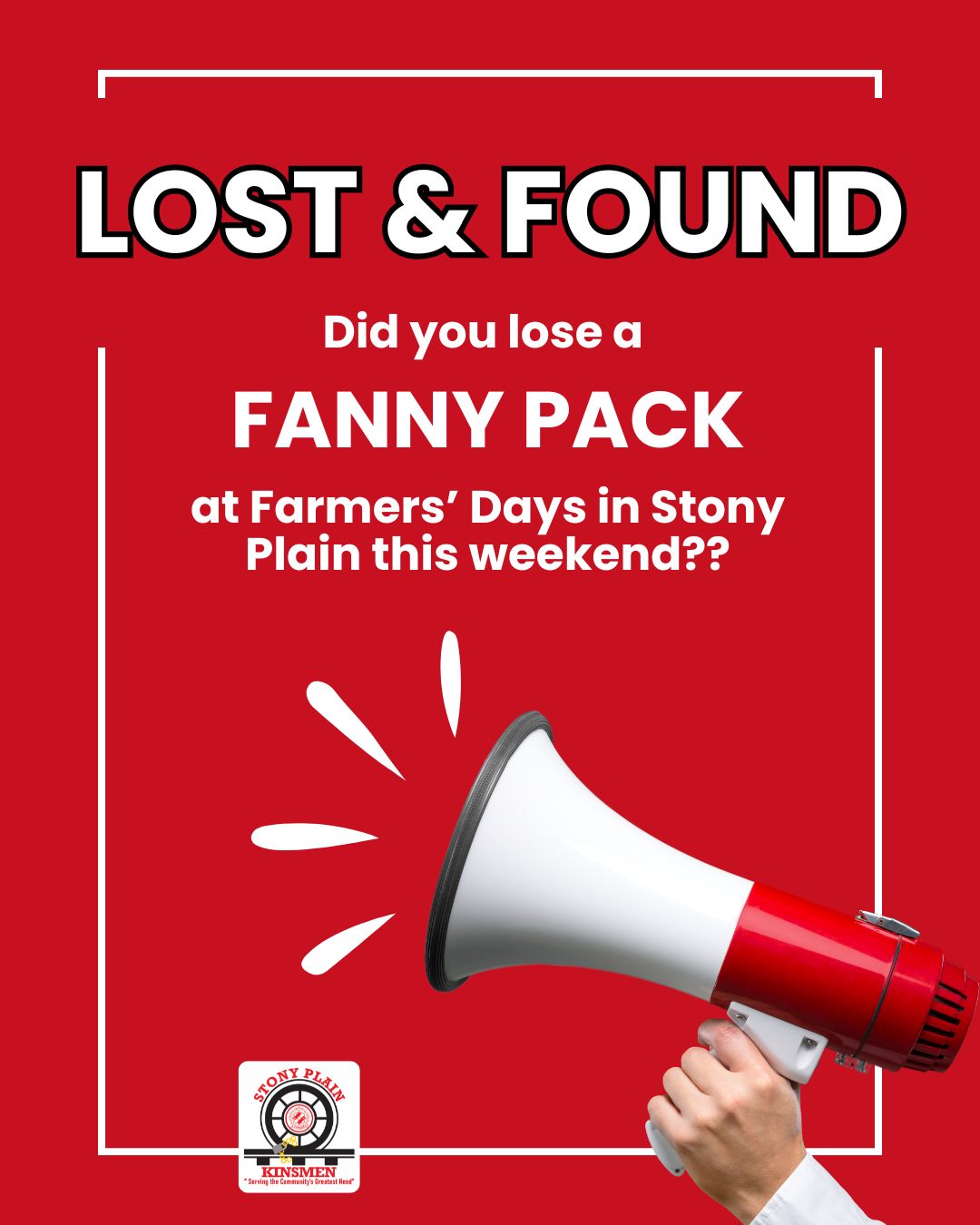 We’re trying to reach Sophia Samson or Daniel Samson; a fanny pack belonging to you may have been left behind at Farmers’ Days.
If this is yours, please message us with a description of the fanny pack and identify the contents so we can confirm ownership and get it back to you. If you know Sophia or Daniel, can you please send them this post or tell them to reach out to us? Thank you!
We believe this is likely a very important item, and we would like to get this back to the owners!