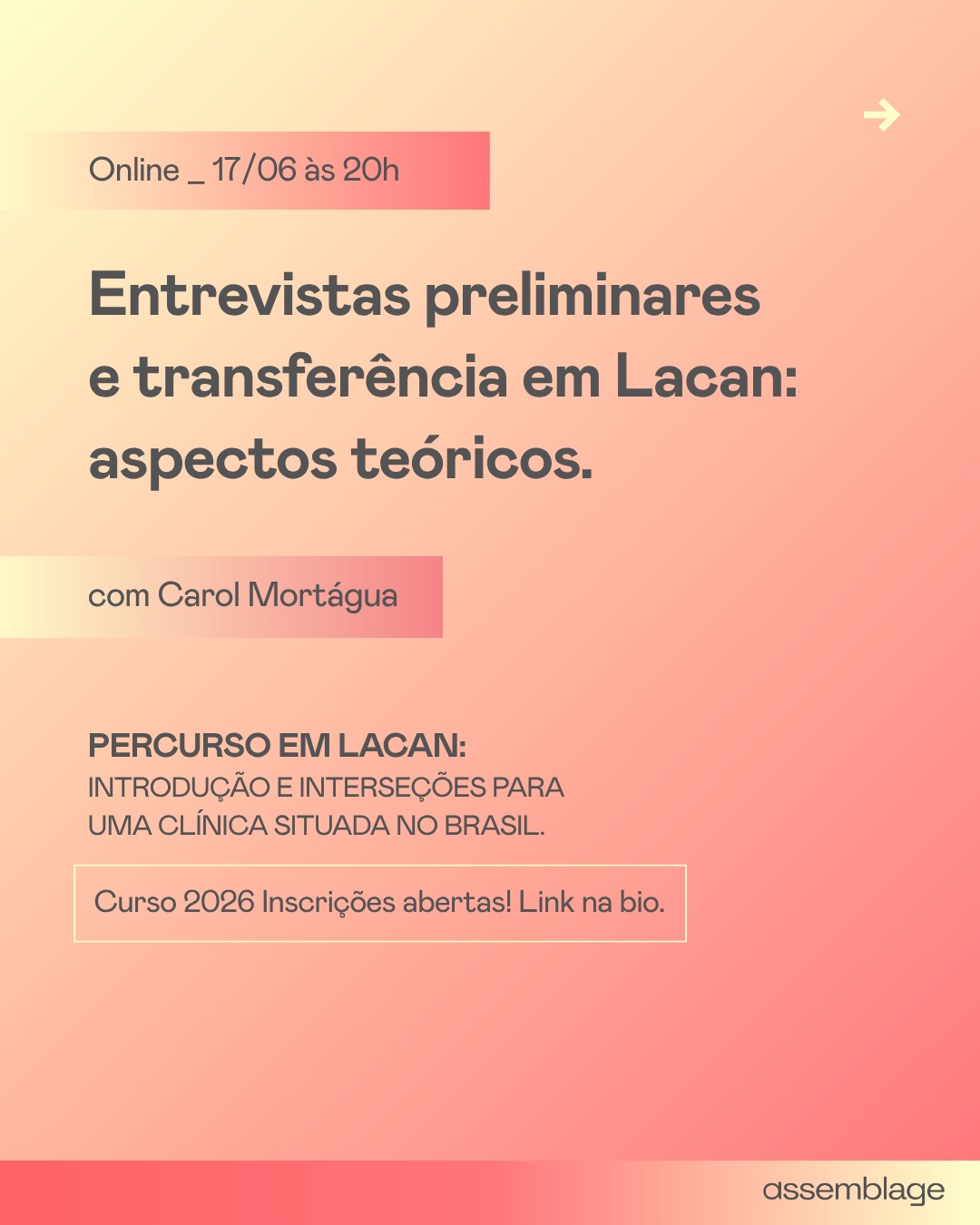 Na próxima quarta (17/06), a pesquisadora Carol Mortagua conduz esse encontro sobre as entrevistas preliminares e a transferência na clínica lacaniana examinando como esse tempo inaugural da análise funciona como estrutura e técnica, quais lições clínicas podemos extrair do diagnóstico realizado nesse espaço, e por que a transferência foi elevada por Lacan a conceito fundamental e motor para que uma análise aconteça.
Conheça o curso no link da bio.
Participe!
Img: O Terapeuta de René Magritte (1937)
#Lacan #Psicanálise #EntrevistasPreliminares #ClínicaLacaniana #ClínicaPsicanalítica