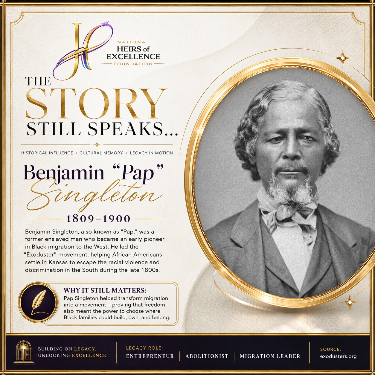 Some stories remind us that freedom also means movement, choice, and the courage to build somewhere new.
Benjamin “Pap” Singleton’s legacy still speaks.
#HeirsOfExcellence #BlackHistory #Juneteenth2026 #CulturalMemory #G13Legacy