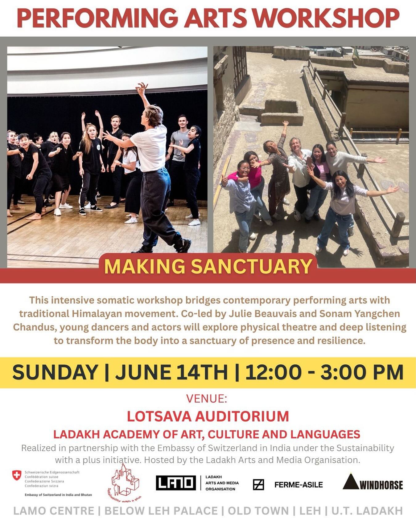 SAVE THE DATE: Sunday 14th June 2026
LAMO is delighted to announce a Performing Arts Workshop ‘Making Sanctuary’ at the Lotsava Auditorium (LAACL). The workshop is co-led by by performance artists Julie Beauvais and Sonam Yangchen Chandus. This intensive somatic workshop bridges contemporary performing arts with traditional Himalayan movement. Julie and Chandus invite young local dancers and actors to explore physical theatre and deep listening to transform the body into a sanctuary of presence and resilience, activating new trajectories of collective empowerment.
Julie Beauvais is a Swiss contemporary opera director, transdisciplinary artist, and educator based in Valais.
Sonam Yangchen Chandus is a Ladakhi choreographer, movement researcher, lineage practitioner and educator based in Leh.
Those interested in attending the workshop need to register with Laskit at +91 94698 67536. There will be a minimum of 20 people.
Workshop Sunday 14th June 2026 | 12 to 3 pm
Venue Lotsava Auditorium
Ladakh Arts and Media Organisation, Below Leh Palace, Old Town Leh, Ladakh