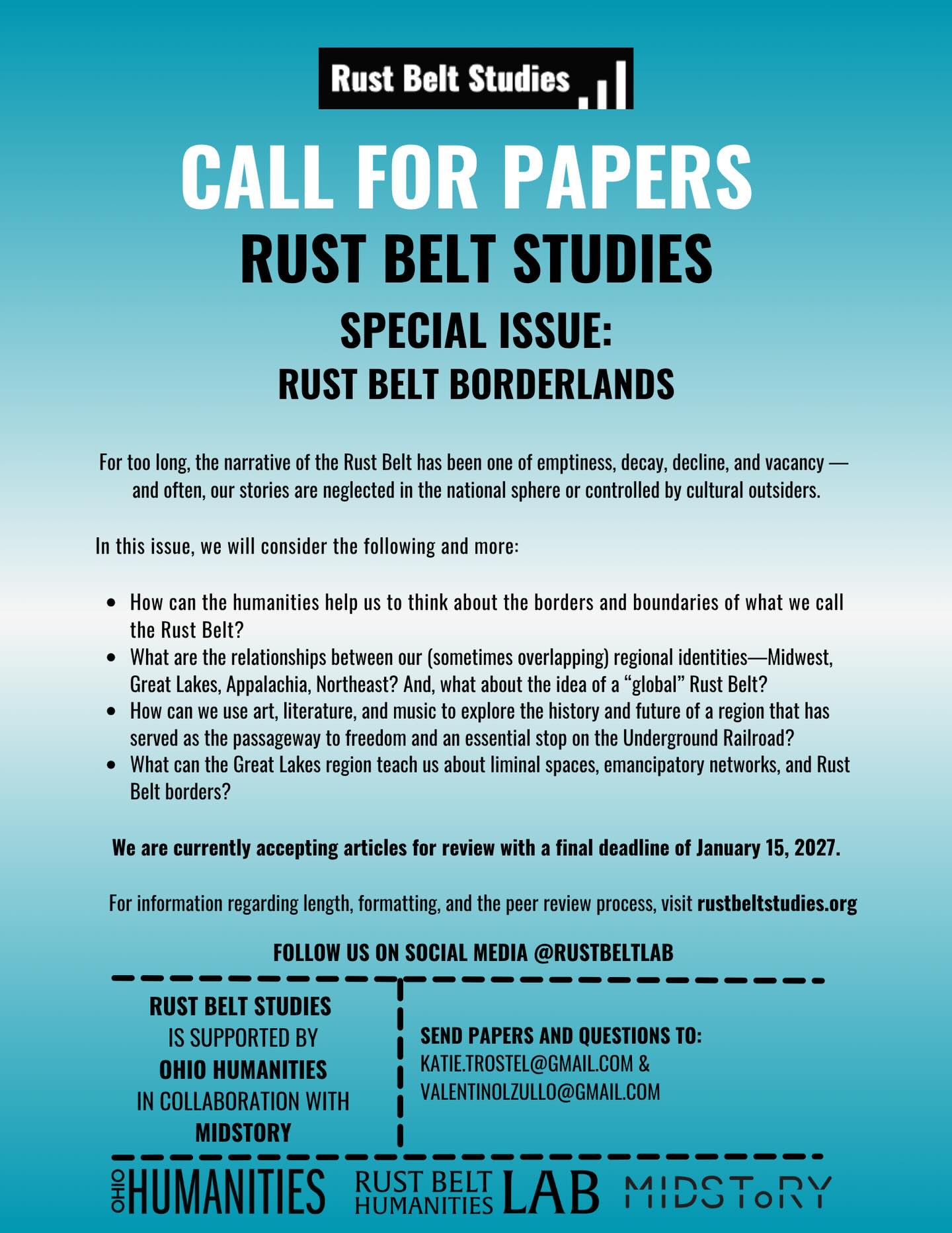 We’re working on our next issue of Rust Belt Studies and we want your help to think about the borders of our region. Join the conversation and submit a piece to us by January 15, 2027 for our third issue. Our journal is supported by @ohiohumanities and in collaboration with @midstorytoledo! More info about submissions at Rustbeltstudies.org