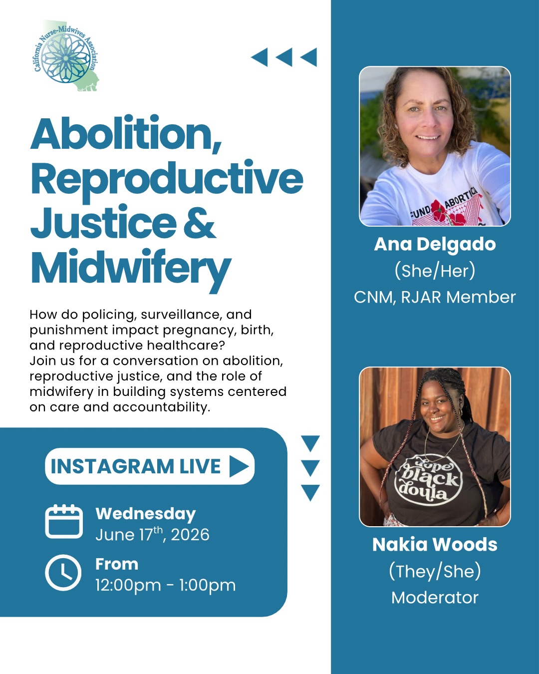 One week away! Join us for a conversation with Ana Delgado, Certified Nurse-Midwife and member of the CNMA Reproductive Justice & Anti-Racism Committee (RJAR), moderated by Nakia Woods, student midwife and reproductive justice advocate. Together, we will explore the intersections of abolition, reproductive justice, and midwifery, and discuss what it could look like to build maternal healthcare systems rooted in care, autonomy, dignity, and community accountability rather than punishment.
Whether you are a midwife, doula, student, healthcare worker, advocate, or community member, we invite you to join us in imagining new possibilities for maternal and reproductive healthcare.
Date: June 17th, 2026
Time: 12:00pm - 1:00pm
Where: HERE on IG
Bring your questions. We will reserve time for audience Q&A and share a resource list following the conversation.
#ReproductiveJustice #Midwifery #BirthJustice #HealthEquity #Abolition