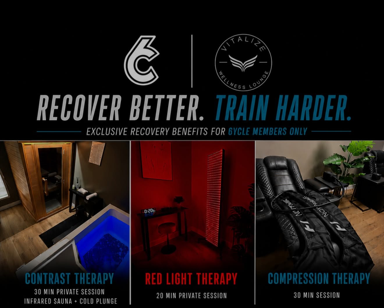 At 6ycle, we know that how you treat your body after a ride matters just as much as the work you put in during class.
That’s why we are thrilled to announce our brand-new partnership with Vitalize Wellness Lounge!
Together, we are bringing 6ycle members exclusive recovery benefits designed to soothe sore muscles, boost your energy, and get you ready for your next training session
Recovery Benefits from Vitalize:
Contrast Therapy combines the detoxifying heat of an infrared sauna with the invigorating rush of a cold plunge to reduce inflammation and speed up muscle recovery.
Red Light Therapy recharges your cells, improves skin health, and promotes deeper tissue healing under targeted, therapeutic wavelengths.
Compression Therapy will have you sit back and relax in premium compression gear designed to enhance circulation, flush out lactic acid, and relieve muscle tension.
Exclusive member benefits at Vitalize Wellness Lounge with proof of active membership at check out 🙌🏼