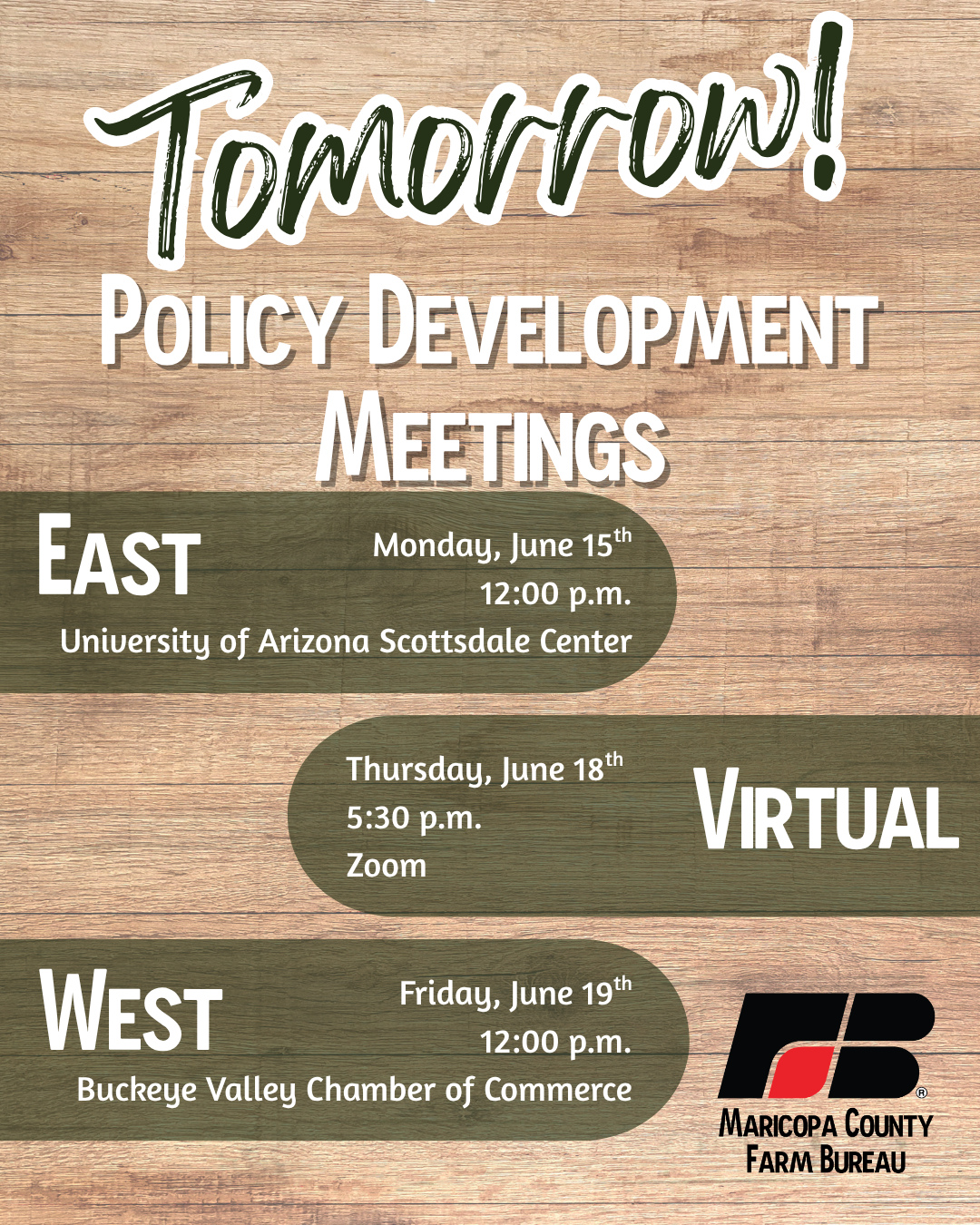 📣 Agriculture Members 📣
Policy Development begins with you! This year we have three opportunities for policy discussion; tomorrow in Scottsdale, Thursday virtually, and Friday in Buckeye.
Last year Maricopa County ag members saw several policies ratified into the state policy book including Ag to Urban and Local Food Purchasing language. The priorities of Farm Bureau begin with real world issues facing our agriculture membership.
We look forward to hosting these discussions, see you soon!
For extended details and to RSVP visit our website at the 🔗 in bio.
#policywork #grassroots #agriculture