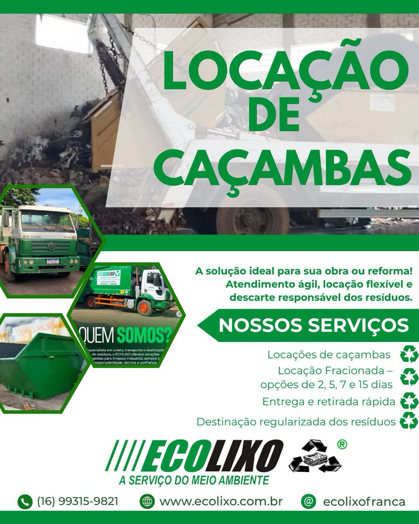 🚛 Precisa de caçamba? A ECOLIXO tem a solução ideal para você!
Oferecemos locação de caçambas para descarte de entulho com praticidade, agilidade e responsabilidade ambiental. Além disso, trabalhamos com locação fracionada, perfeita para quem precisa do equipamento por períodos menores e com mais flexibilidade.
✅ Atendimento rápido
✅ Locação convencional e fracionada
✅ Pontualidade na entrega e retirada
✅ Destinação ambientalmente correta dos resíduos
Entre em contato e solicite seu orçamento! 📲♻️
ECOLIXO – Soluções inteligentes para a gestão de resíduos. #caçambasestacionárias #francasp #descartederesíduos