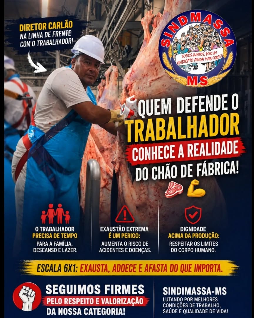 📢 QUEM DEFENDE O TRABALHADOR CONHECE A REALIDADE DO CHÃO DE FÁBRICA! 🥩💪
Esse na foto é o nosso diretor Carlão (MAGAREFE), atuando diretamente na linha de frente da Empresa MS BOI, em Rio Verde.
Diferente de outras realidades, no SINDMASSA, os nossos diretores não ficam isolados em gabinetes: eles continuam na ativa, sentindo na pele a rotina, o peso e os desafios de cada trabalhador da categoria.
E falar sobre a realidade dos frigoríficos é falar, inevitavelmente, sobre o impacto profundo que a escala 6x1 gera na saúde física e mental dos nossos profissionais.
🛑 O Frigorífico e o Desafio da Escala 6x1
Ser trabalhador das categorias do SINDMASSA, (frigoríficos )exige um esforço físico hercúleo.
São jornadas intensas em ambientes frios, movimentos repetitivos, ritmo acelerado e manuseio de ferramentas pesadas. Trabalhar seis dias consecutivos para ter direito a apenas um único dia de descanso é uma rotina que exaure as forças do trabalhador.
Quando o SINDMASSA MS levanta a voz para debater as jornadas exaustivas e defender o bem-estar da categoria, fazemos isso com propriedade.
O Carlão vive isso diariamente, lado a lado com a nossa base.
Nós entendemos perfeitamente que:
1️⃣ O trabalhador precisa de tempo de qualidade: para a família, para o descanso real e para o lazer.
2️⃣ A exaustão extrema é um perigo: ela aumenta drasticamente o risco de acidentes de trabalho e de doenças ocupacionais (como as LER/DORT).
3️⃣ Dignidade acima da produção: Produzir com excelência só é justo quando há respeito aos limites do corpo humano.
O compromisso do SINDMASSA MS permanece claro e inabalável: lutar por melhores condições de trabalho, segurança reforçada e por debates que tragam mais qualidade de vida para os nossos guerreiros e guerreiras dos frigoríficos, abatedouros, fábricas de rações, massas, padarias e confeitarias e de toda a nossa base em Mato Grosso do Sul.
Seguimos firmes, onde tudo acontece: no chão de fábrica! 🤜🤛
#Sindimassa #TrabalhadorFrigorifico #MundoNovo #Escala6x1 #DireitoDoTrabalhador ChaoDeFabrica SaudeDoTrabalhador ValorizacaoProfissional Frigorifico SindicalismoForte LinhaDeFrente QualidadeDeVida IndustriaDaAlimentacao
