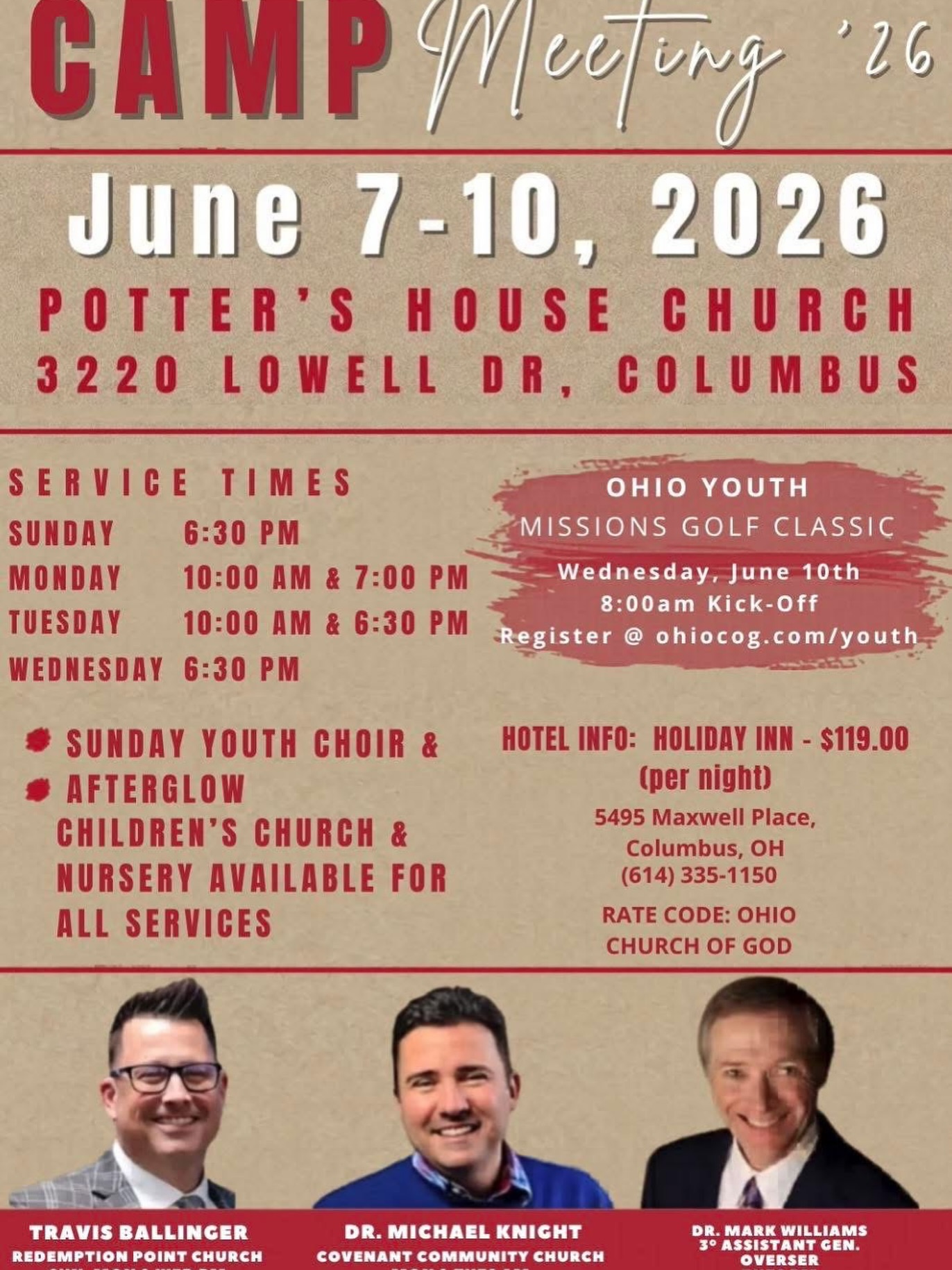 📢 Important Wednesday Night Update
Tonight, Wednesday, June 10, we will not be having Discipleship Classes at our church as we encourage everyone to join us for the final night of the Ohio Church of God Camp Meeting at Potter’s House Church in Columbus.
Come worship with believers from across Ohio and experience a powerful evening of worship, fellowship, and the Word of God. We would love to see our church family there!
📍 Potter’s House Church
3220 Lowell Dr.
Columbus, OH
🕡 Service Begins at 6:30 PM
Discipleship Classes will resume next Wednesday as normal.
We look forward to worshiping together at Camp Meeting tonight. See you there!
#CampMeeting2026 #OhioChurchOfGod