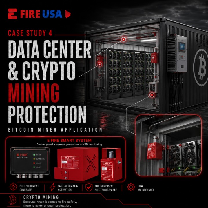 Case Study 4: A.I. Data Center & Crypto Mining Protection
High-powered equipment. Continuous operation. Sensitive electronics.
The E Fire Smart System was installed inside a Bitcoin mining environment to provide an additional layer of automatic fire protection using detection, monitoring, and aerosol suppression.
Designed for fast activation, low maintenance, and minimal impact on sensitive equipment.
Because when it comes to fire safety, there is never enough protection.
#EFireUSA #DataCenter #AIDatacenter #CryptoMining #BitcoinMining