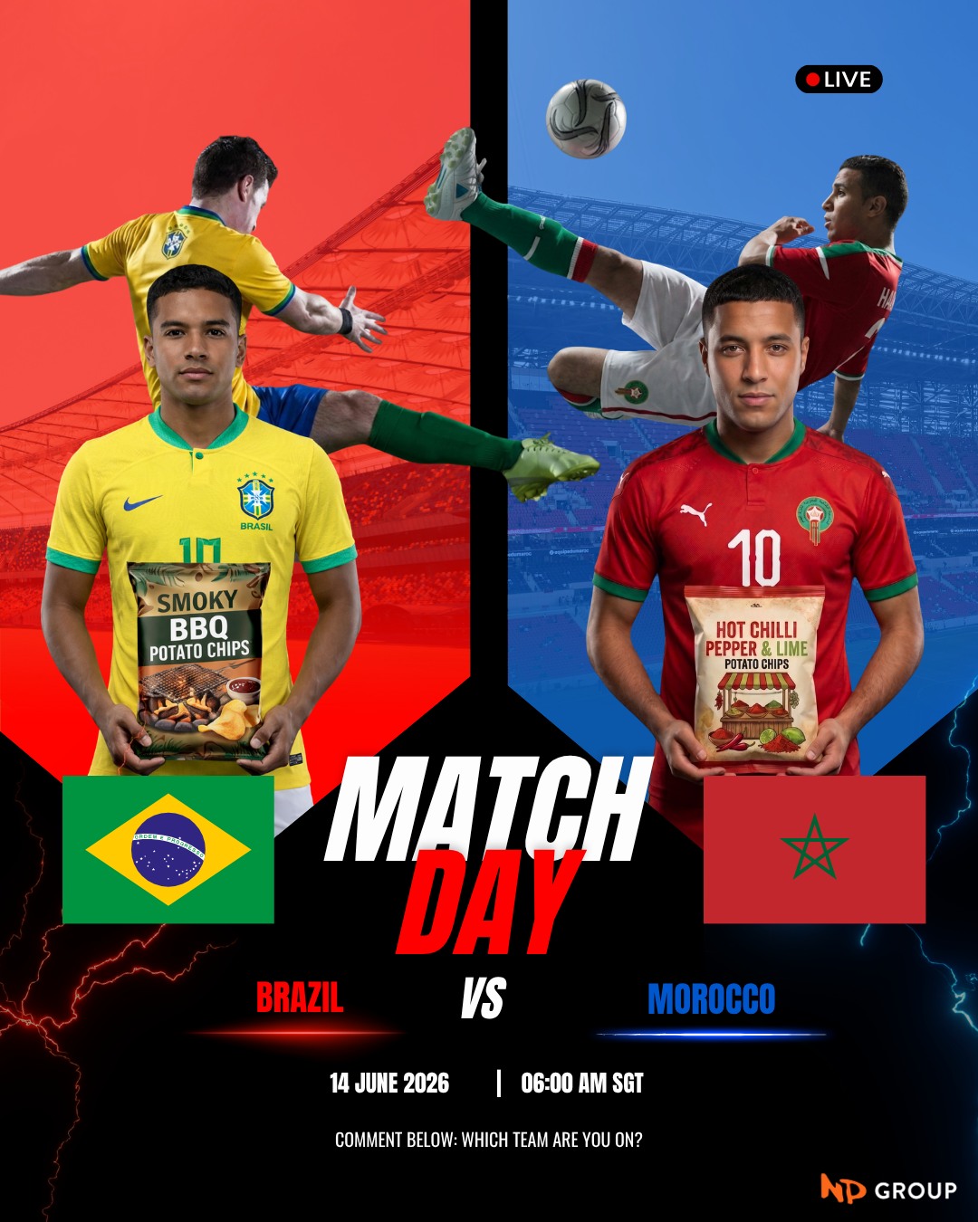 🇧🇷 The Jogo Bonito vs the Atlas Lions! 🇲🇦
Get ready for a high energy, high flavour showdown today as Brazil takes on Morocco!
Brazil comes into the match with the crowd pleasing, rich crunch of Smoky BBQ potato chips 🇧🇷. Morocco strikes back with a vibrant explosion of taste: Hot Chilli Pepper & Lime potato chips 🇲🇦🌶️🍋.
This match is bound to be electric. Which flavour combo is fueling your football fever today?
Comment below: Which team are you on?
#NPFoods #FIFA2026 #B2BManufacturing #ProductDevelopment #SnackTrends