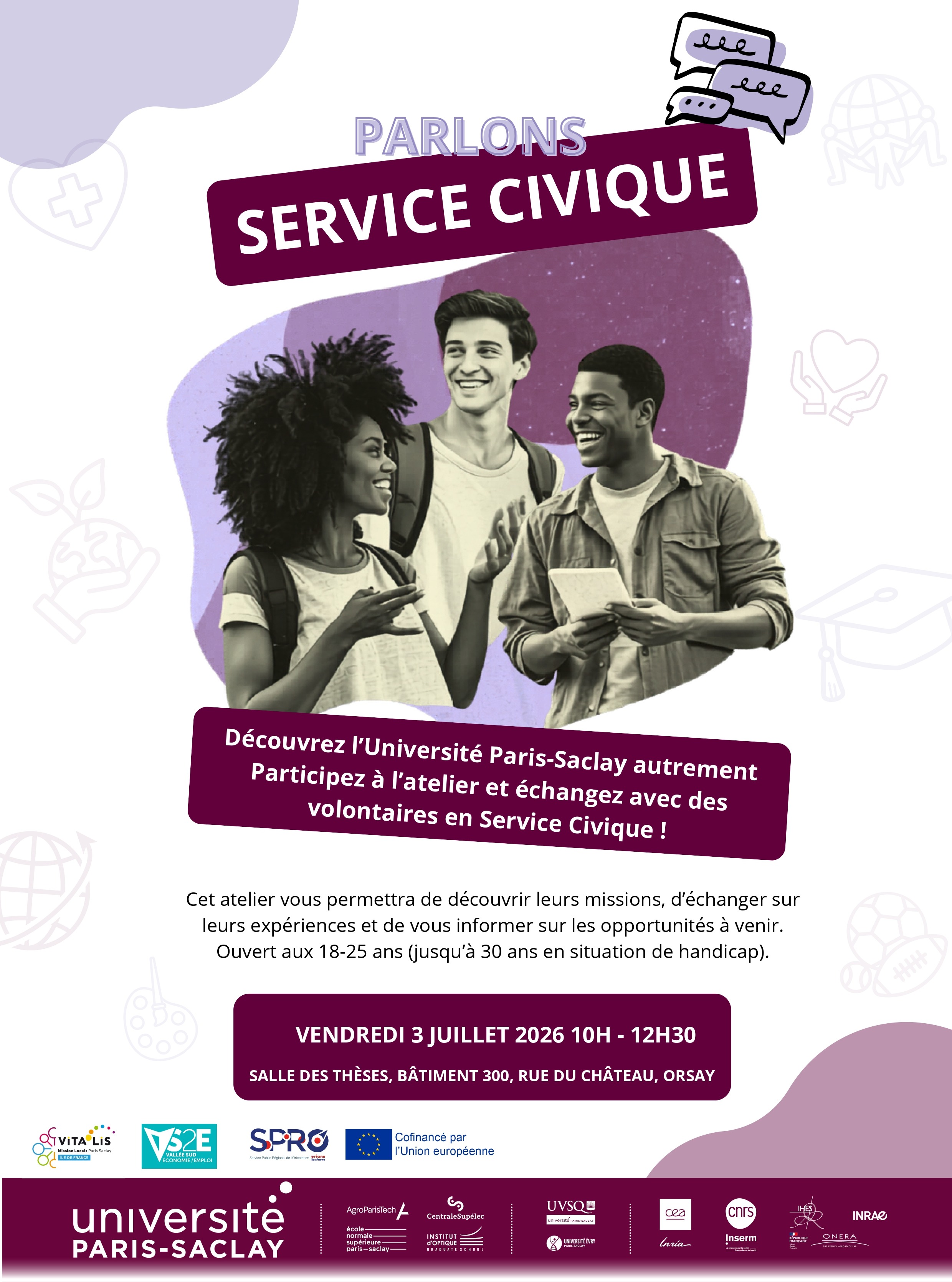 👉 Découvre le #ServiceCivique et échange avec des volontaires de l'Université Paris-Saclay !
🗓️ Vendredi 3 juillet 2026
🕙 à 10h
📍 Université Paris-Saclay à Orsay
@mlvitalis @vallee_sud_economie_emploi @servicecivique
@villedeballainvilliers @communedebievres @buressuryvette Champlan @chilly_mazarin @villedegif @jaimegometz @ville_igny @lesulisofficiel @villedelongjumeau @villagedemarcoussis @villedemassy @nozay91 @orsaynotreville @ville_palaiseau @saclayville @villedesaintaubin @saulx_les_chartreux Vauhallan @verrieres_maville Villebon-sur-Yvette @mairievillejust @villiersnotrevillage @villedewissous @aggloparisaclay