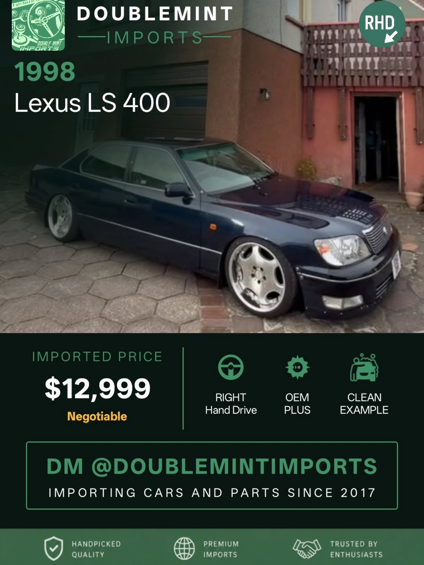 Now available:
1998 Lexus LS 400
📍 Mileage: 127,000
For sale, Lexus Ls400 1998
4L 1uz v8 127000 miles, 296hp vvti model, hybrid stance parts air cup suspension with HSD coilovers, japan imported ame shallen LX alloys with new tyres (19inch).
had the car 3 years stayed inside the garage most of that time, from essex very clean underneath and just been serviced
MOT til april 2027
duel 3 inch stainless exhaust from the resonator back
any more info / videos please message. made an actual listing instead of a post
💰 Shipped Price (UK → NY): $12,999
✅ Includes ALL fees:
• USD conversion
• Shipping
• US Customs
• UK taxes
• Admin fees
⚡ Inventory moves FAST. Serious buyers only.
🔎 Want to search your own cars? Link in bio.
📩 DM us for full details, walkaround videos, shipping info, and availability.
🌐 Visit: www.doublemintimports.com
"Life’s a highway, enjoy the ride."
DVLA VEHICLE DATA:
Reg: SV68 TGZ
Make: TOYOTA
Model:
Colour: BLUE
Fuel: HYBRID ELECTRIC
Engine CC: 2494
Tax Status: Taxed
#lexus #sale #ls400 #1uz #vipstyle