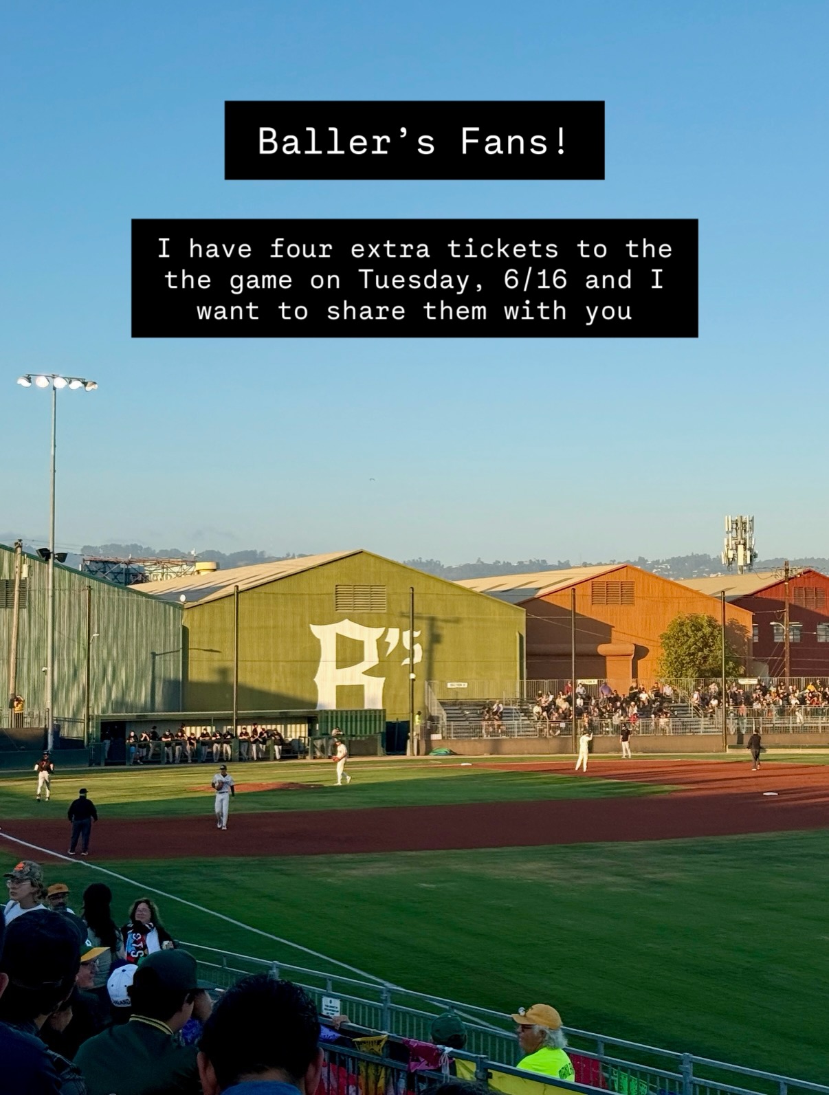 I’ve got four tickets to the @oakland.ballers game on Tuesday 6/16 and I want to distribute them to the community! Just comment if you’re interested - if you’re randomly selected I’ll transfer them to you before the game.
These were $2 Tuesday tickets so they are in the GA 3rd base section. $2 tix are sold out for this game, but there are still other tickets available if you don’t get selected but still want to go support the Ballers ⚾️