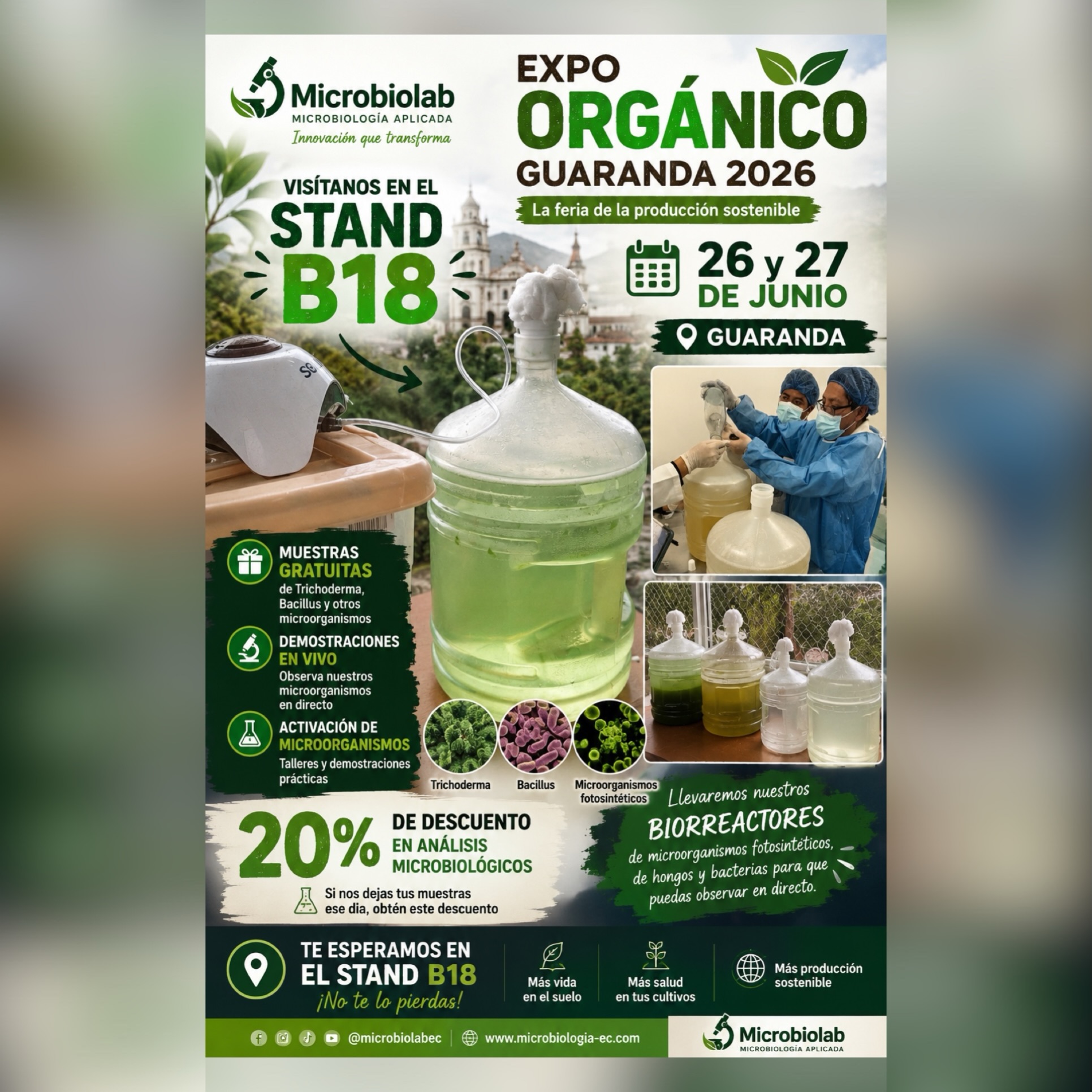 ¿Te interesa conocer cómo se producen y utilizan realmente los microorganismos agrícolas?
Este 26 y 27 de junio estaremos participando en ExpoOrgánico Guaranda 2026 y queremos invitarte a visitar nuestro stand B18.
Llevaremos muestras gratuitas de Trichoderma, Bacillus de varias especies y otros microorganismos benéficos utilizados en agricultura. Además, podrás observar nuestros biorreactores funcionando en vivo con microorganismos fotosintéticos, hongos y bacterias, tal como se producen en nuestros procesos de laboratorio.
También realizaremos demostraciones prácticas sobre activación de microorganismos, aplicación en campo y responderemos todas tus consultas relacionadas con microbiología agrícola.
Y recuerda que durante la feria estaremos recibiendo muestras de suelo, agua, compost, abonos orgánicos, bioinsumos y otras matrices agrícolas. Quienes entreguen sus muestras esos días recibirán un 20% de descuento en análisis microbiológicos.
¡Te esperamos en Guaranda para compartir conocimiento, ciencia y experiencias en microbiología aplicada a la agricultura!
#expoorganico #guaranda #microbiologiaagricola #trichoderma #bacillus