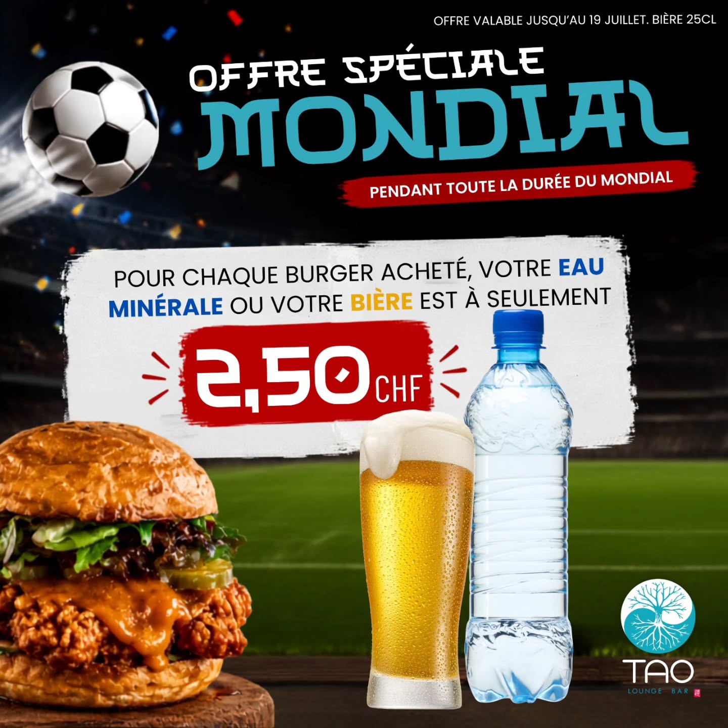 âœđ Pendant le Mondial, il y a les grands matchs⊠et les bonnes excuses pour se faire plaisir !
Chaque burger achetĂ© vous donne droit Ă une eau minĂ©rale ou une biĂšre 25cl Ă seulement CHF 2.50. đșđ§
De quoi profiter de l'ambiance, soutenir votre équipe préférée et savourer aux parfums originaux.
> Offre valable pour tous les burgers pendant toute la durée du Mondial.
Qui vient regarder le prochain match avec nous ?
#taoloungebar
