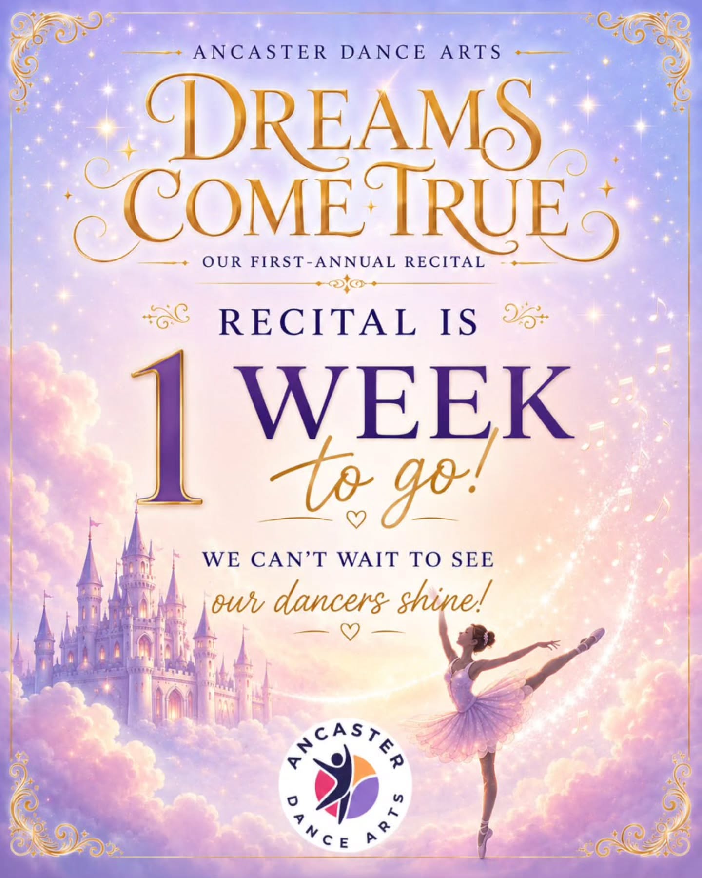 β¨ ONE WEEK TO GO! β¨
The countdown is on! In just one week, our dancers will take the stage for Ancaster Dance Arts' First Annual Year-End Recital: Dreams Come True. π
Over the past season, our dancers have worked incredibly hard, building confidence, friendships, skills, and unforgettable memories. We can't wait to watch them shine under the lights and celebrate everything they have accomplished.
To our dancers: keep dreaming big, keep believing in yourselves, and get ready for an unforgettable night! π
π
Friday, June 19, 2026
π Dreams Come True β Our First Annual Recital
π Hillfield Strathallan College
Join us as we celebrate a magical evening of dance, passion, creativity, and achievement. We are so proud of every dancer who will be taking the stage!
#AncasterDanceArts #DreamsComeTrueRecital #DanceRecital #AncasterON #HamiltonON