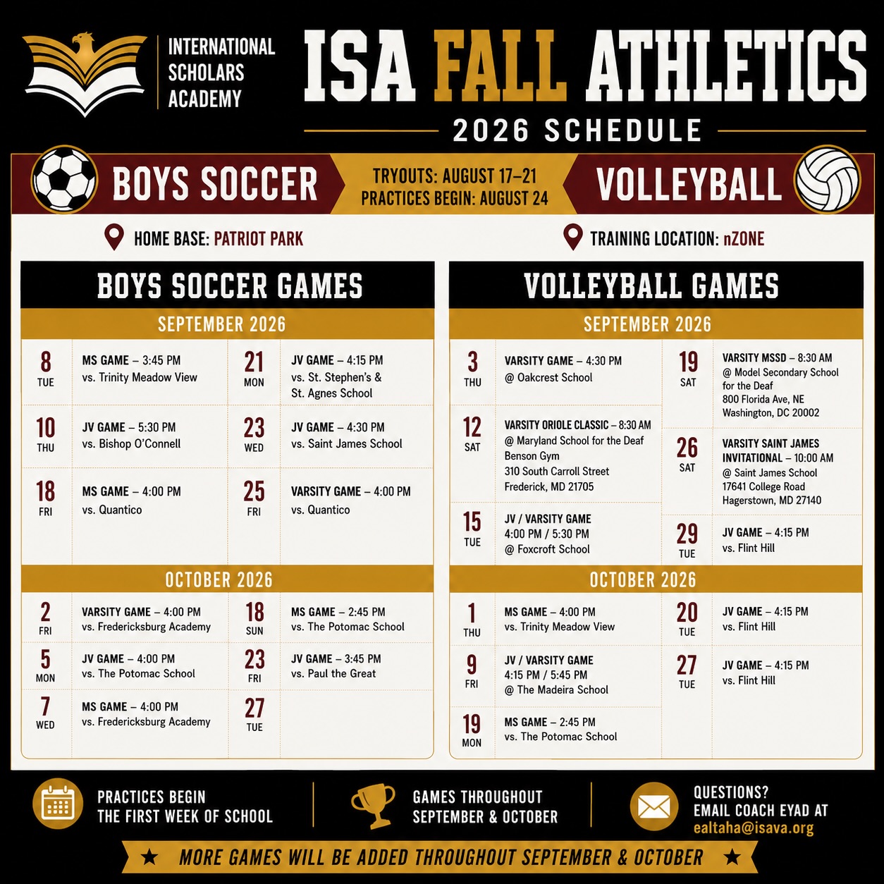 🏆 ISA Fall Athletics 2026 🏆
While summer has just begun the work for the fall athletic season is already underway! Coach Eyad has been hard at work securing practices, competitions, and opportunities for our student-athletes as we prepare for another exciting season of ISA athletics.
⚽ Boys Soccer
🏐 Girls Volleyball
Tryouts begin August 17, with practices starting the first week of school. Our athletes will compete throughout September and October, representing ISA with excellence, teamwork, and school spirit.
Be on the lookout for communication from Coach Eyad in early August regarding tryouts and team information. Winter and spring athletic opportunities are already in the works, with more exciting announcements to come!
📧 Questions? Contact Coach Eyad at ealtaha@isava.org
#ThisIsISA #ISAAthletics #FallSports #ScholarAthletes #GoISA Teamwork Leadership Excellence